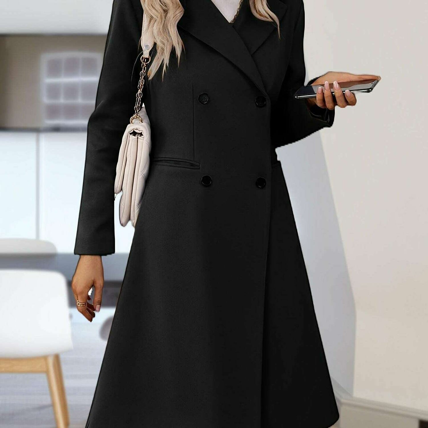 Women's Long Double-Breasted Pea Coat with Lapel Collar