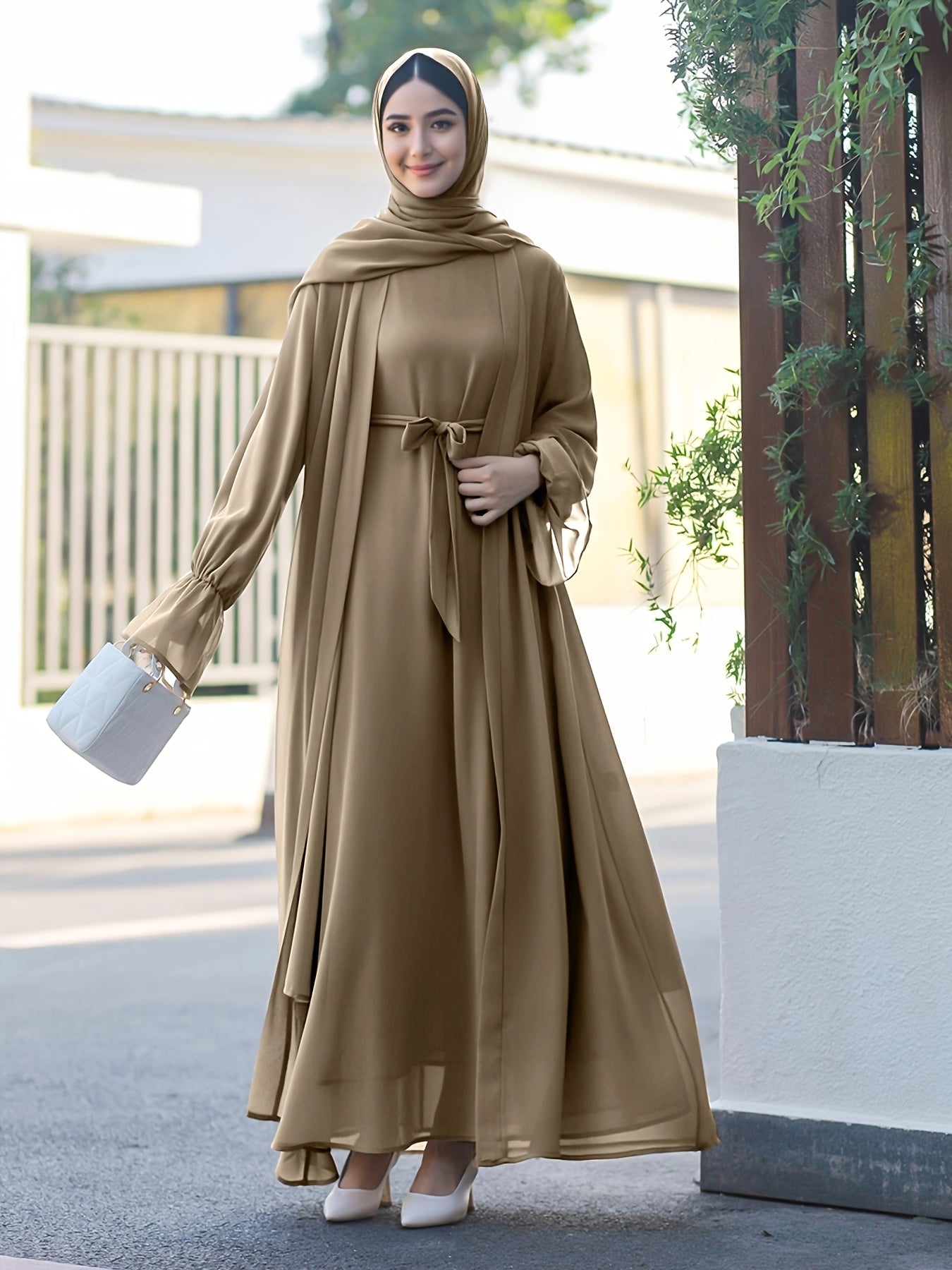 Middle Eastern Muslim Elegant Chiffon Abaya Set with Vest and Belted Outer Wrap