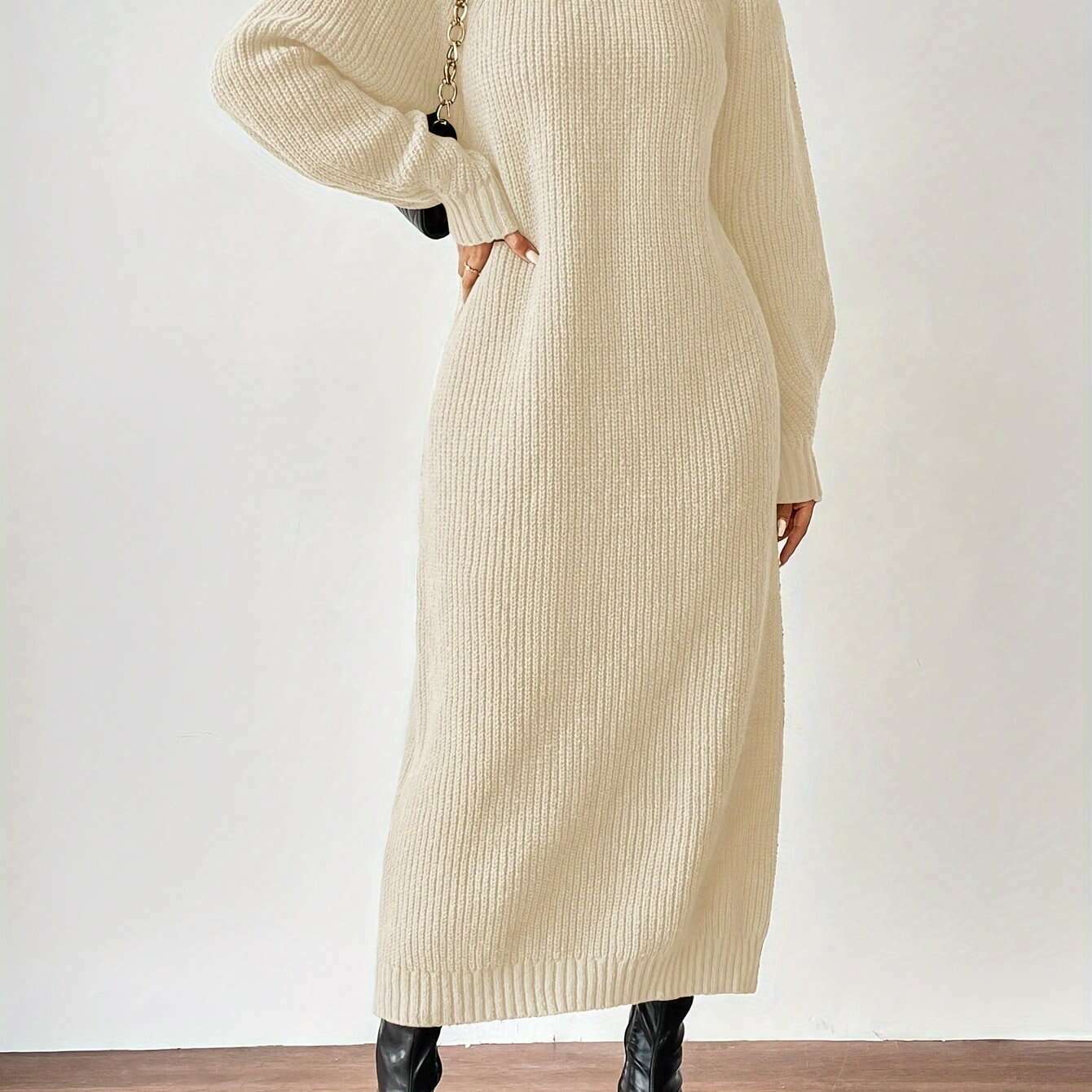 Women'S Long Sleeve Turtleneck Sweater Dress, Elegant Solid Color, Polyester, Autumn/Winter Fashion, Adult Size, Ultra-Long Length