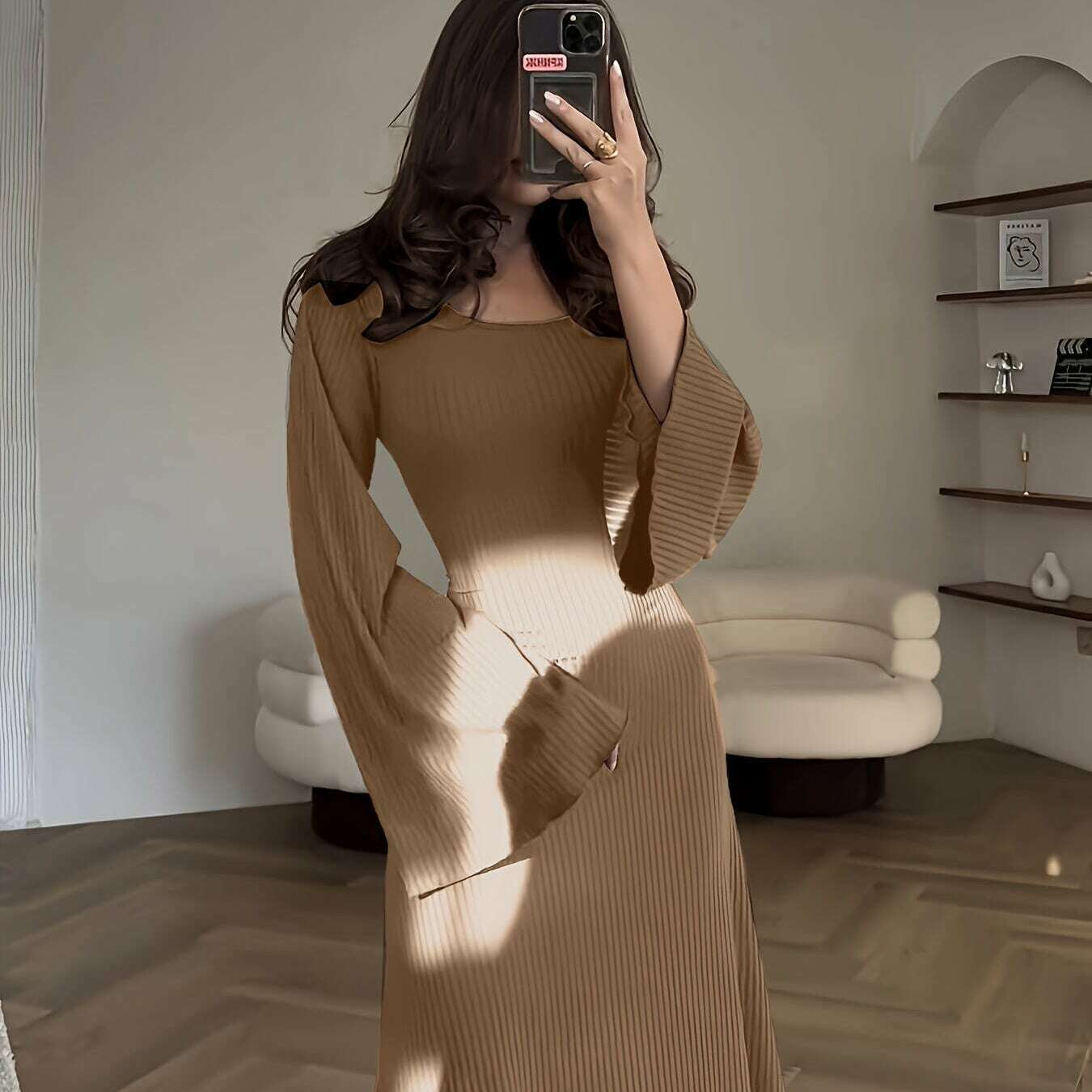 Solid Color Women'S Ribbed Knit Dress with Long Bell Sleeves, Round Neck, And Back Tie.
