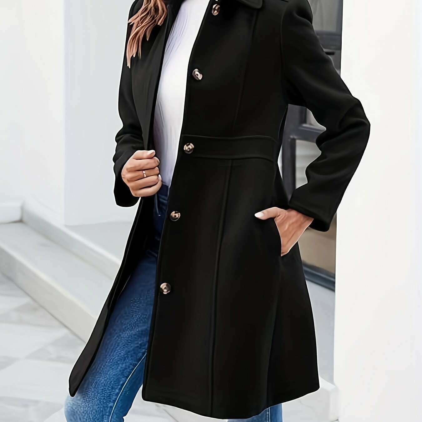 Long Sleeve Women's Single-Breasted Pea Coat for Work
