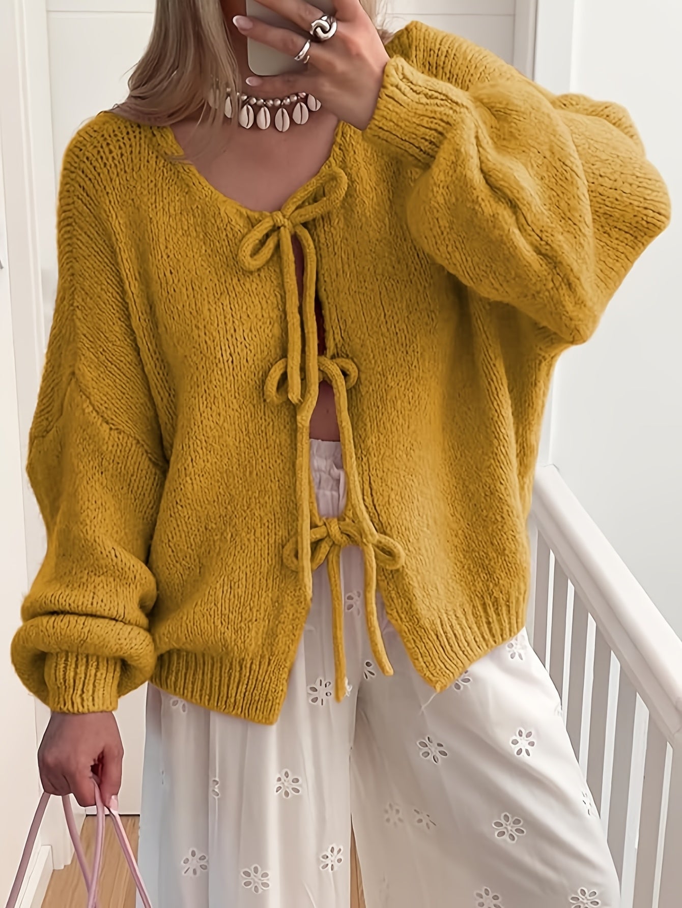 Women'S Oversized Bowtie Knit Sweater Cardigan With Y2K Vibe Long Sleeves V Neck Open Front Casual Wear