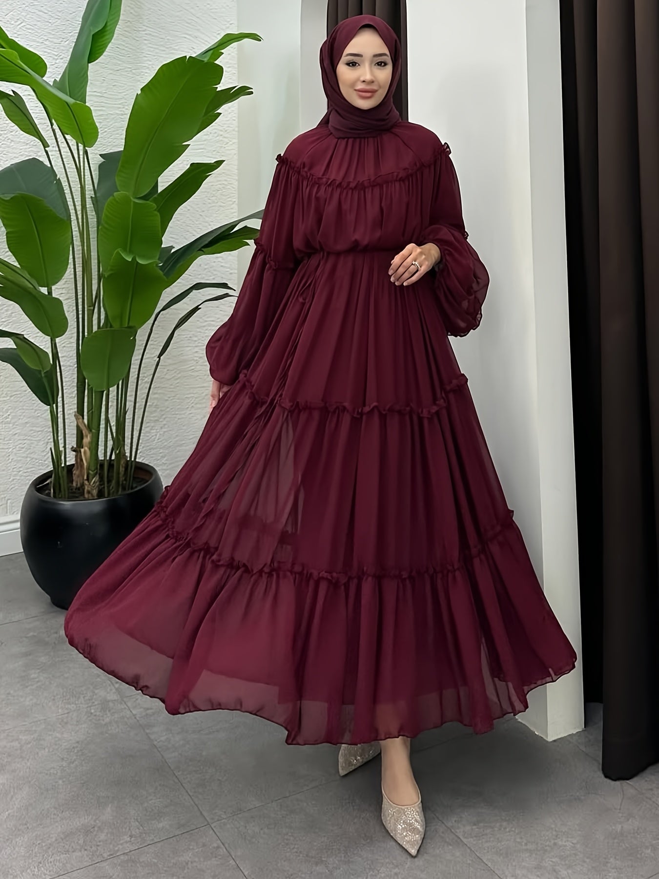 Women's Casual Fashionable Date Vacation Middle Eastern Muslim Minimalist Solid Color Soft Lace Design Long Elegant Dress with Belt