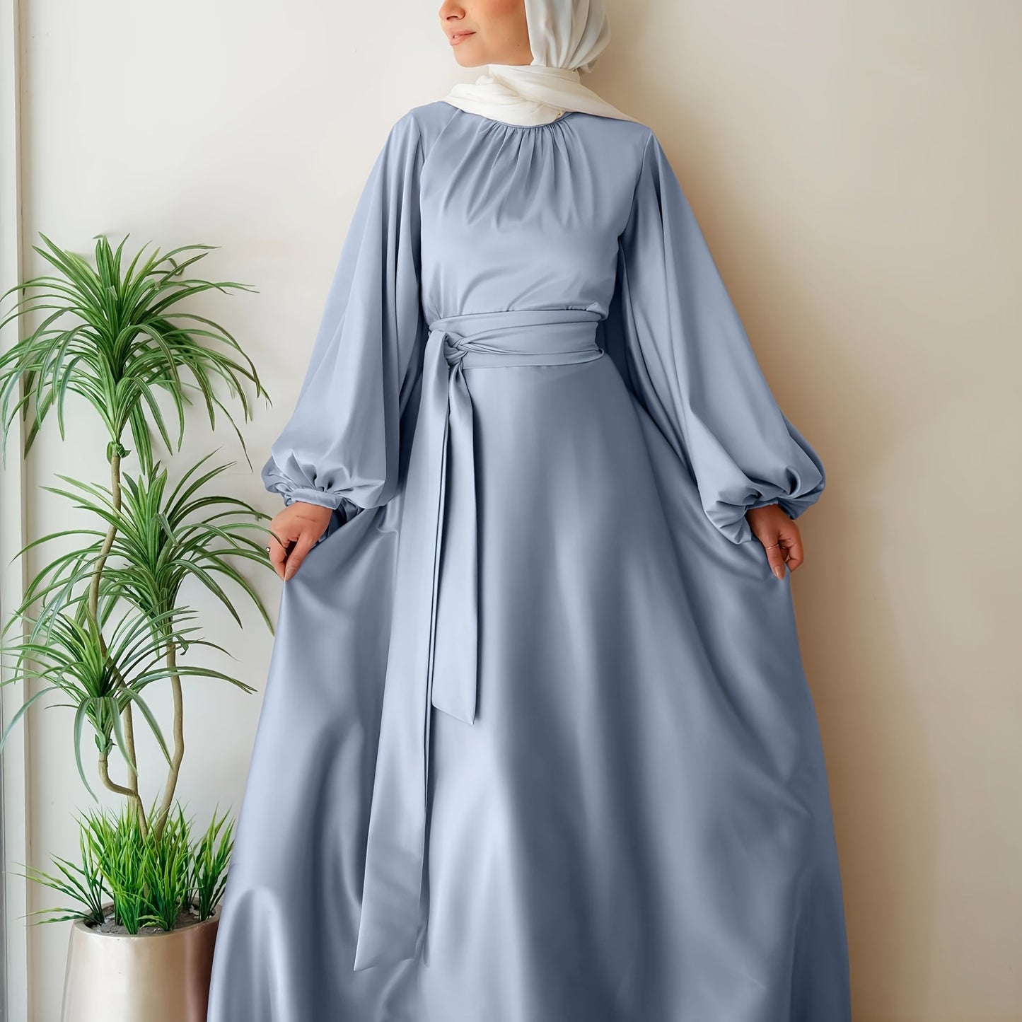 Elegant Satin Abaya with Lantern Sleeves and Belt - Long, Flowing Maxi Dress for Women, Perfect for Festivals and Special Occasions, Festival Attire|Sleek Fitted Design|Polyester Fabric