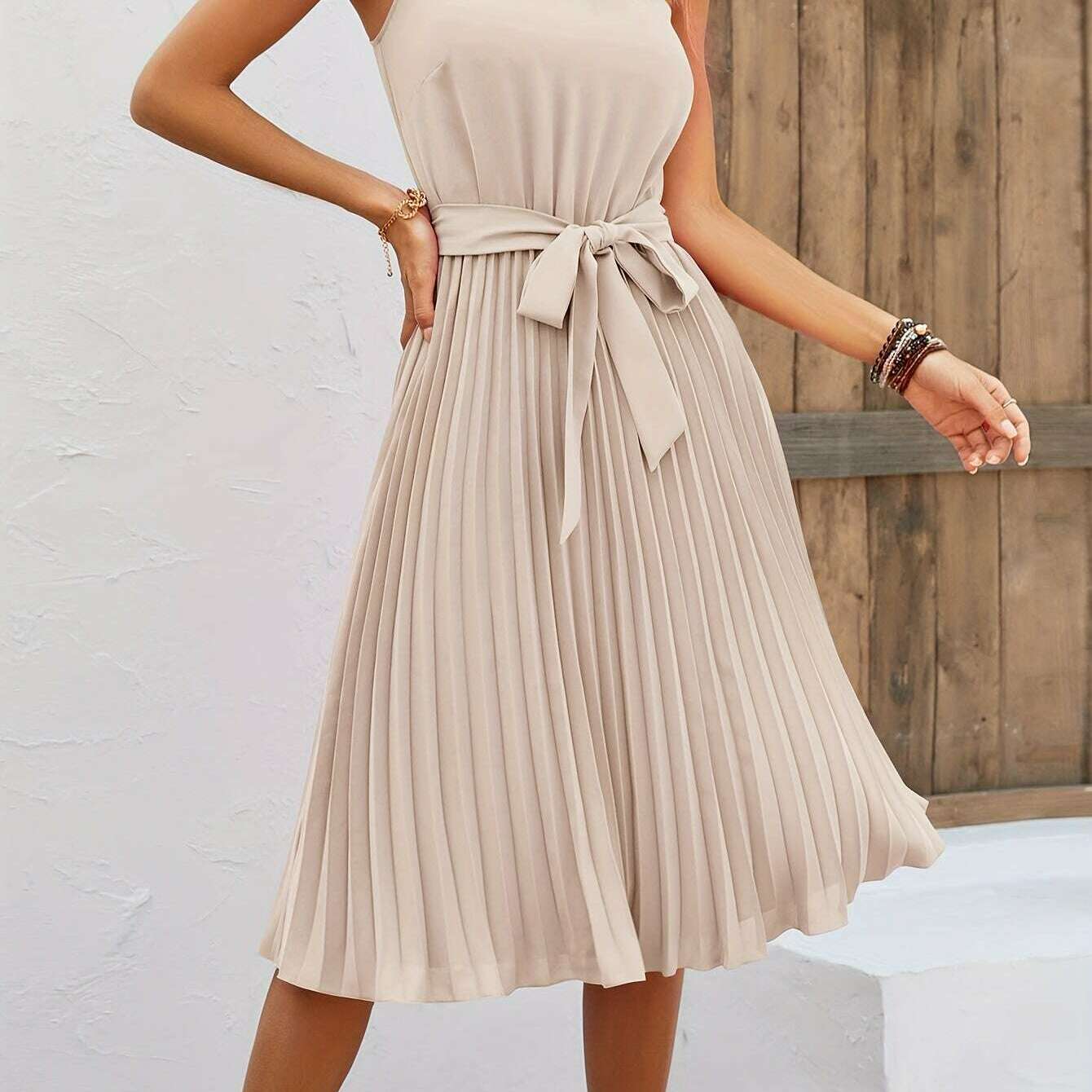 Women's Sleeveless Halter Pleated A-Line Summer Dress - D&M Boutique
