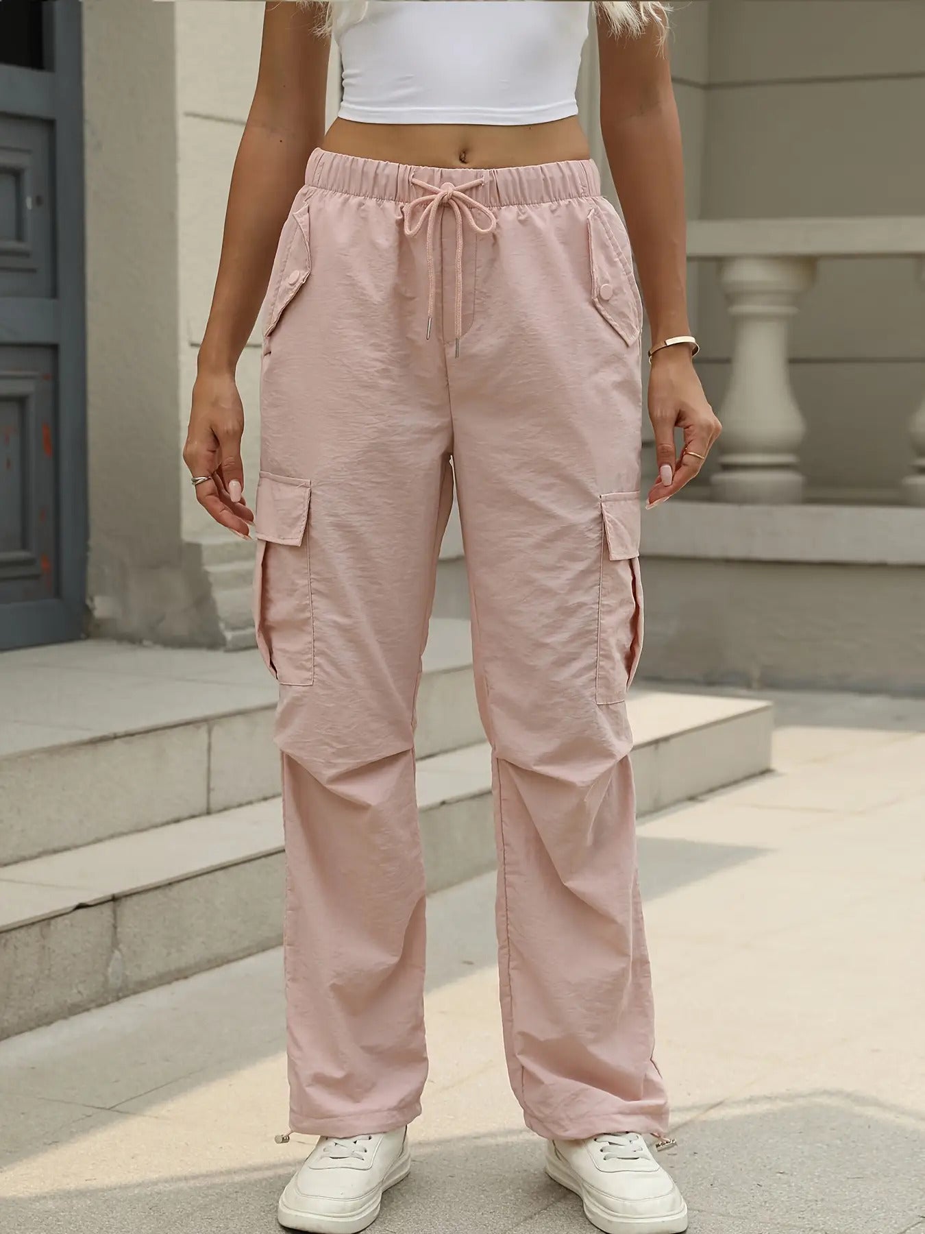 Women's Casual Cargo Pants with Adjustable Waist & Multi-Pocket Design - Low-Transparency Non-Stretch Heavyweight Fabric, All-Season Solid Color Work Pants for Outdoor, Travel, Casual Attire - Belt Loops & Button Closure (No