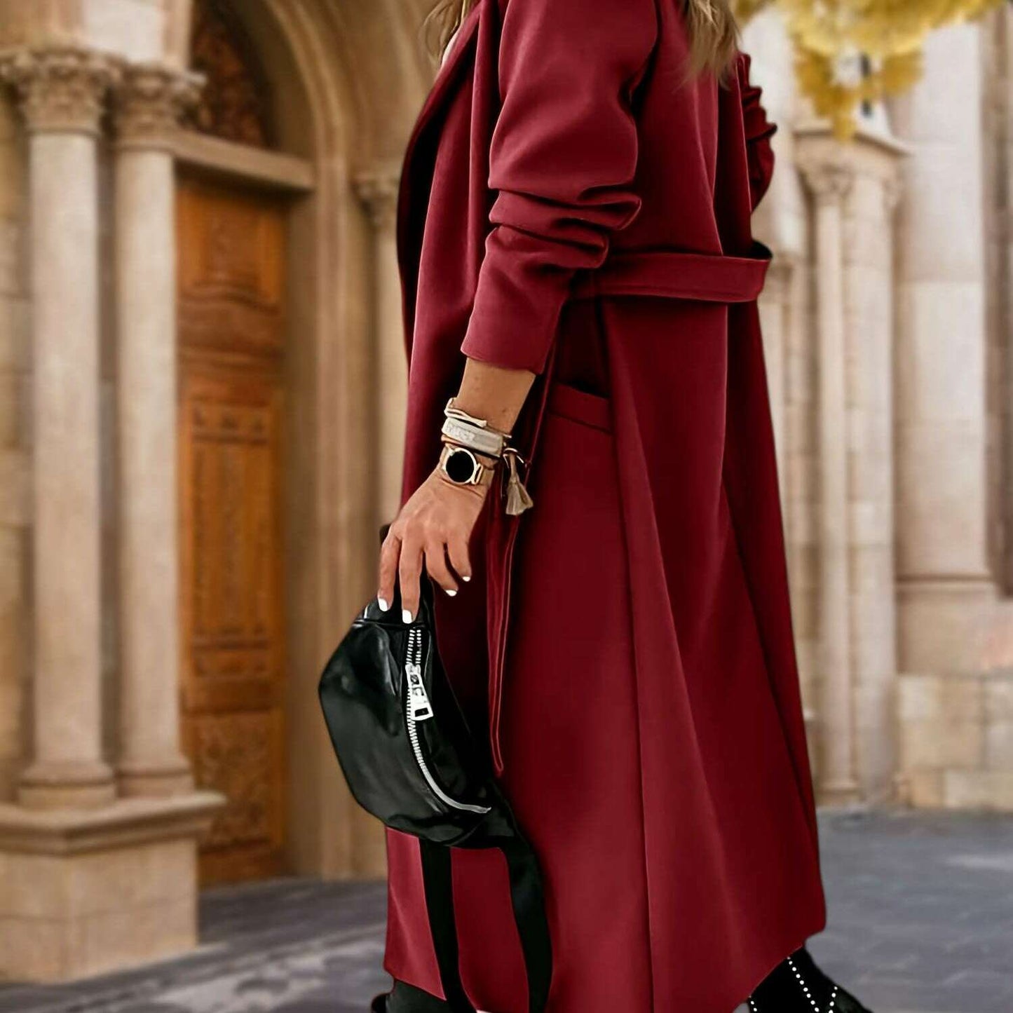 Women's Classic Long Jacket with Lapel Collar and Belt