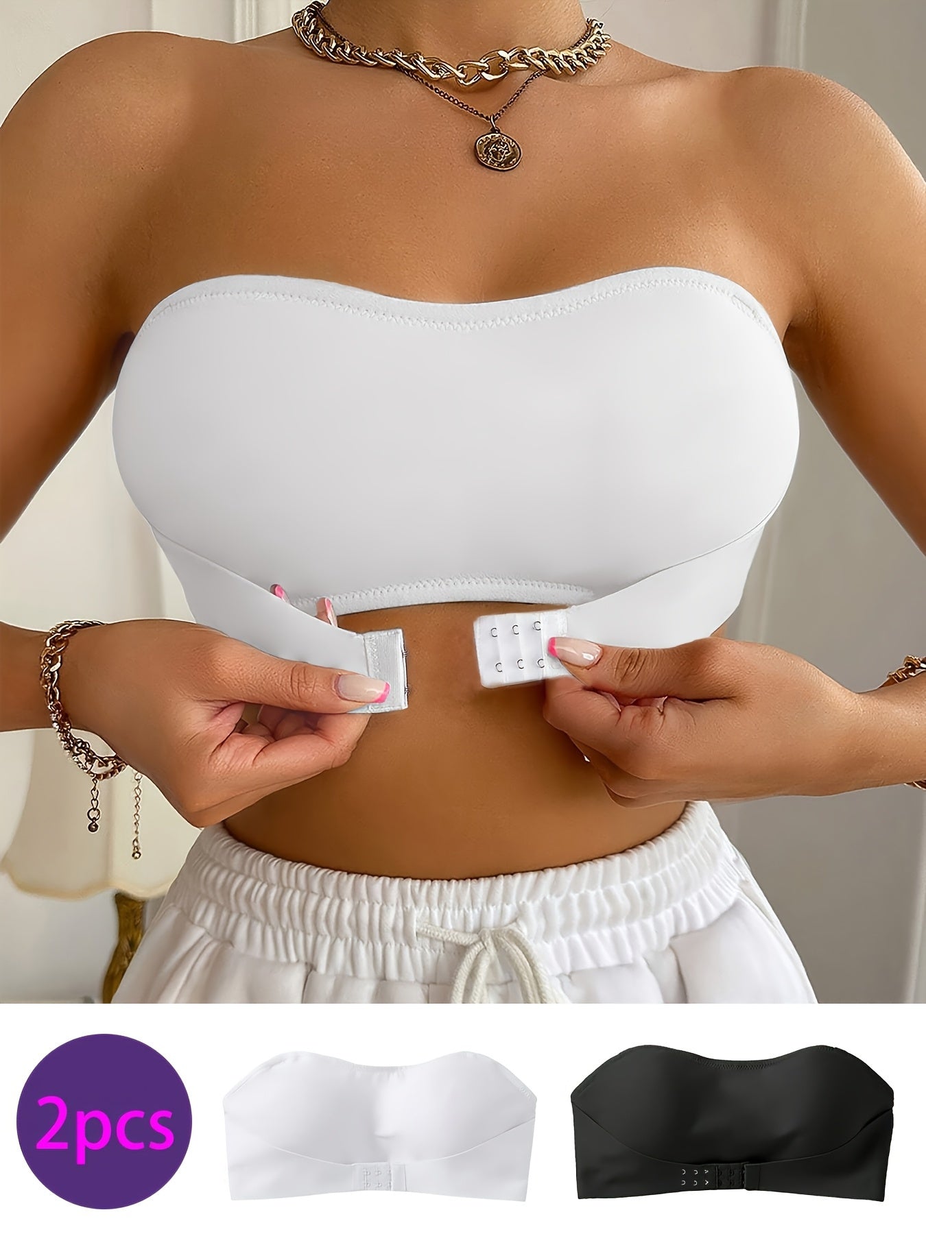 Women'S Seamless Strapless Bra Set- Comfortable Wireless Thickened Design, Black and White Options