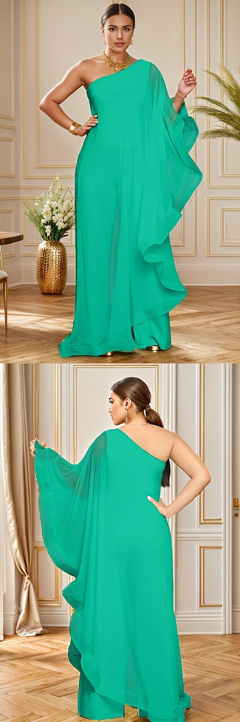 PORRCEY Sexy Single Shoulder Ruffled Sleeveless Solid Color Patchwork Elastic Jumpsuit