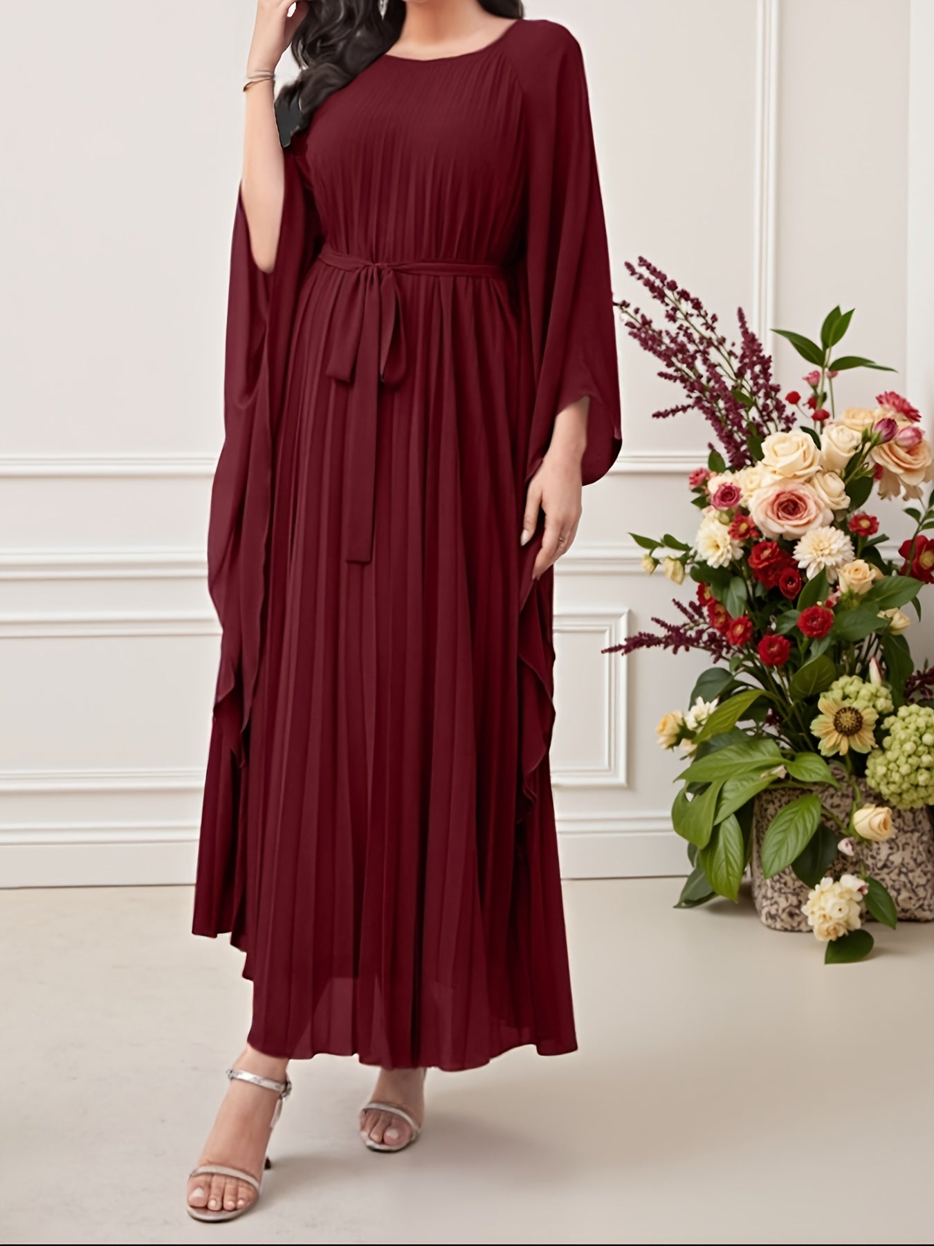 Elegant Maroon Batwing Sleeve Maxi Dress with Tie-Waist Detail - Long Sleeve, A-Line Silhouette, Round Neck, Perfect for Spring/Summer/Fall, Adult Women'S Fashion, Casual Elegant Wear | Batwing Sleeve Dress | Polyester Fabric