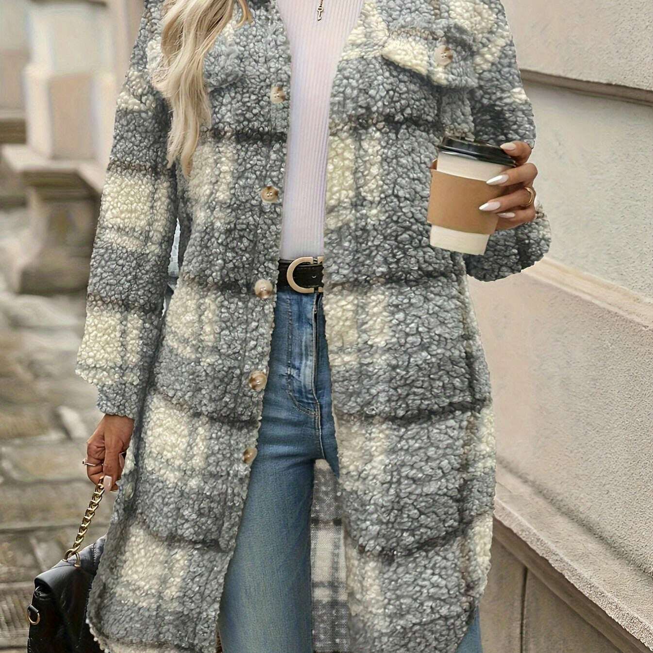 Elegant Plaid Faux Fur Coat for Women with Lapel Collar