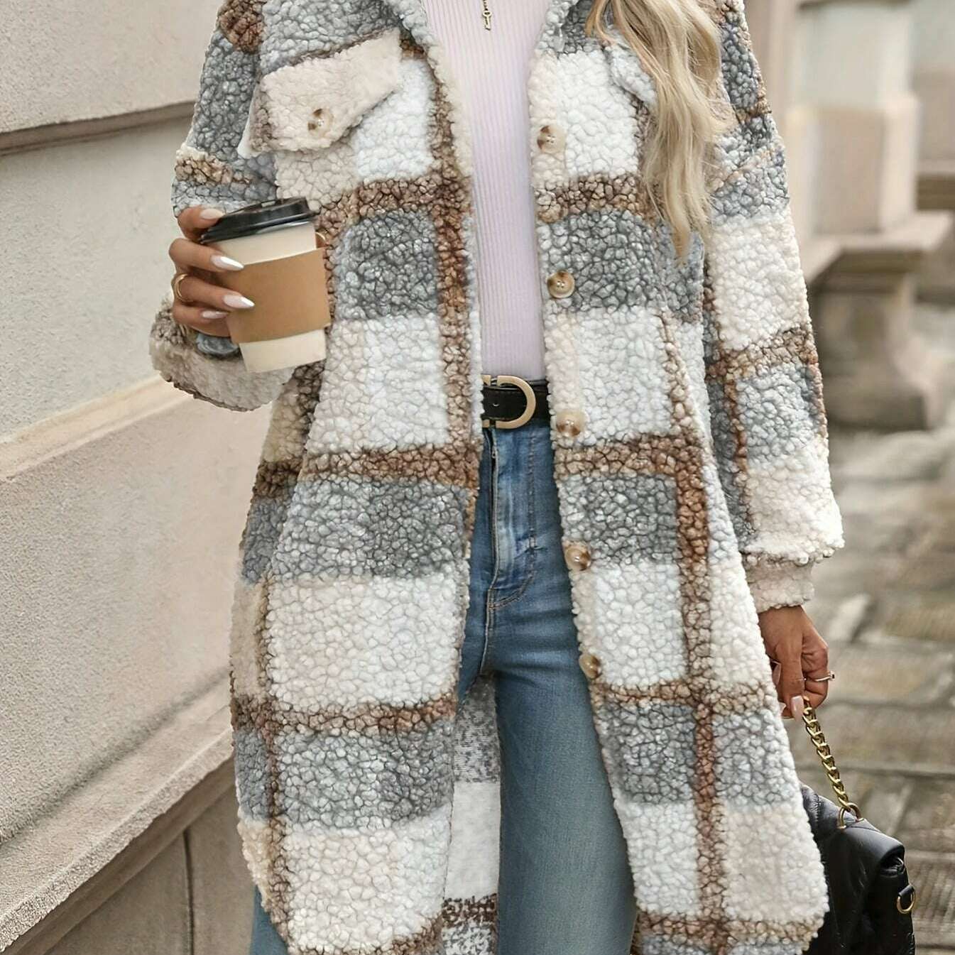Elegant Plaid Faux Fur Coat for Women with Lapel Collar