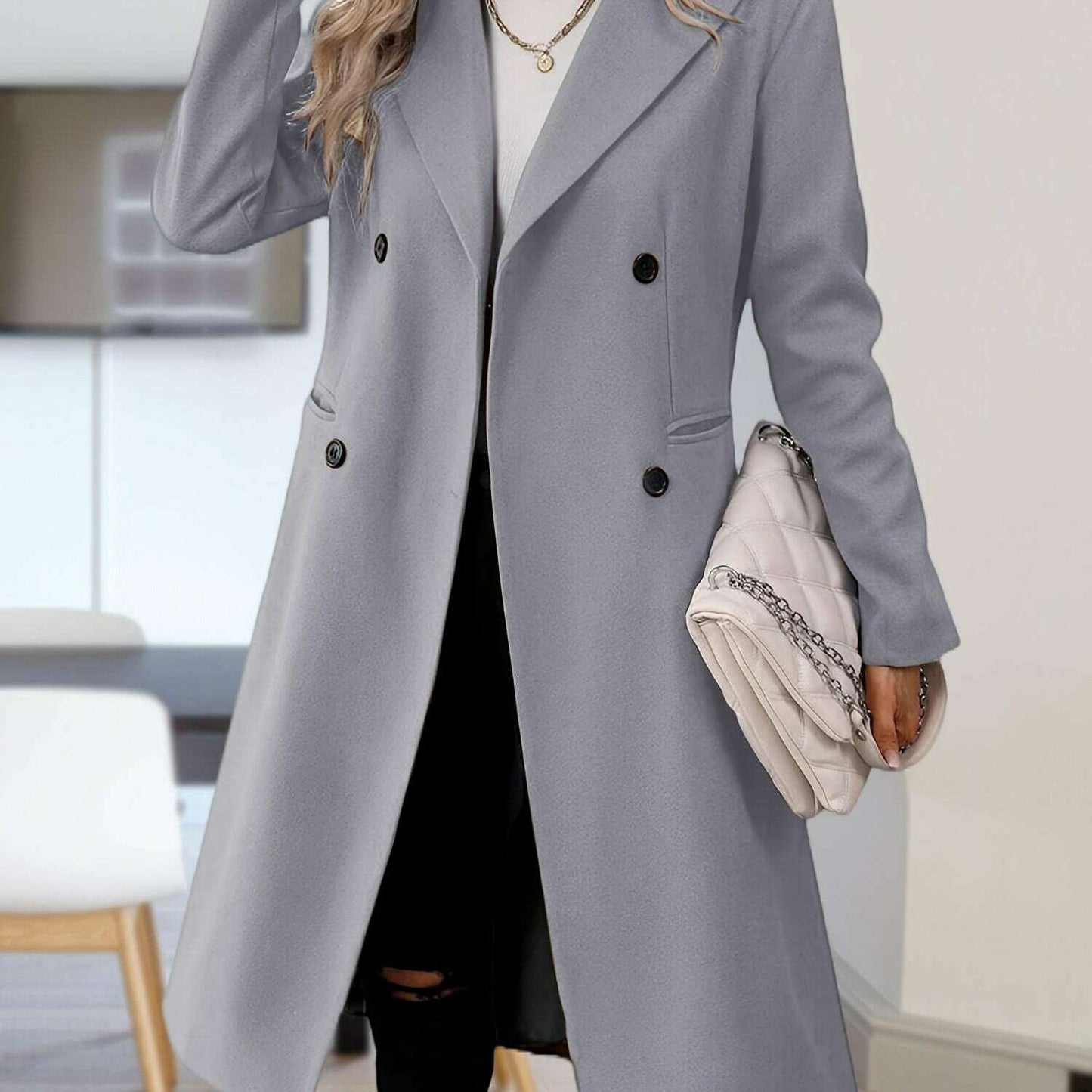 Women's Long Double-Breasted Pea Coat with Lapel Collar