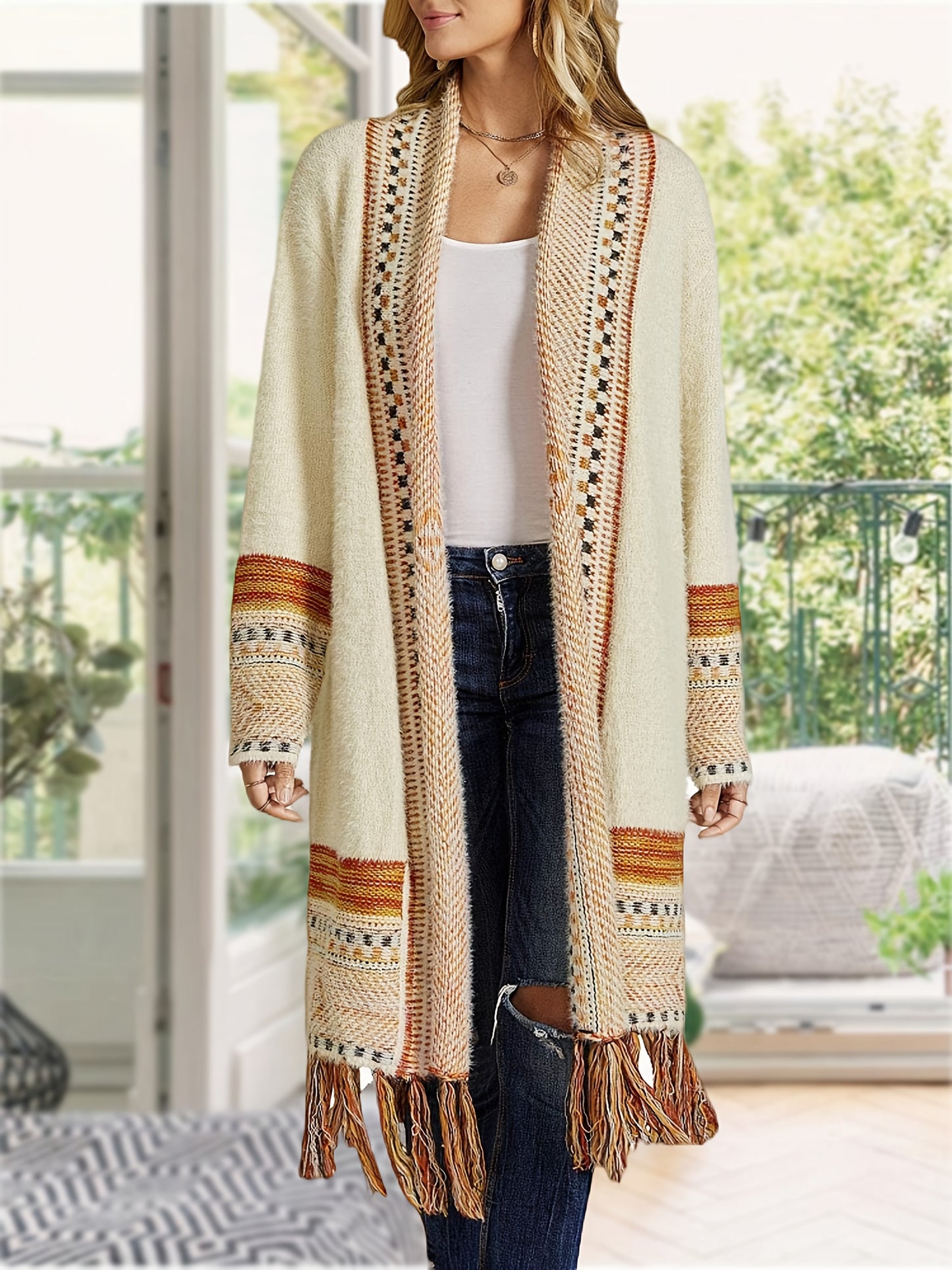 Women Boho Cardigan Sweater Long Open Front Maxi Knit Sweaters Aztec Tribal Tassel Fringe Thin Coat