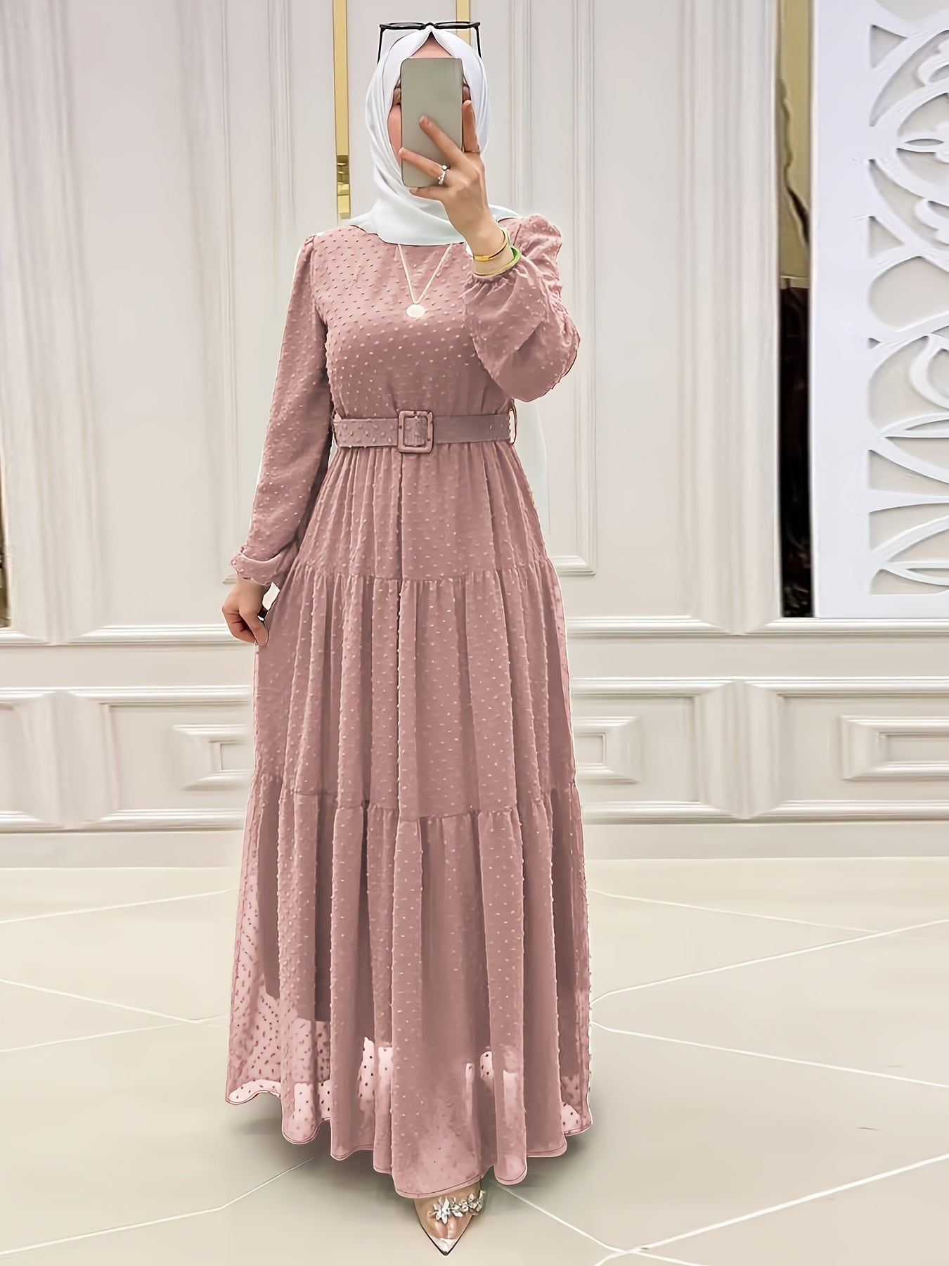 Women's Elegant Muslim Abaya Dress - Soft Pink Islamic Robe with Waist Belt, Flowy Long Dress for Everyday & Special Occasions, Machine Washable Modest Muslim Outfit (No Headscarf Included) - Middle Eastern Formal attire, Mus