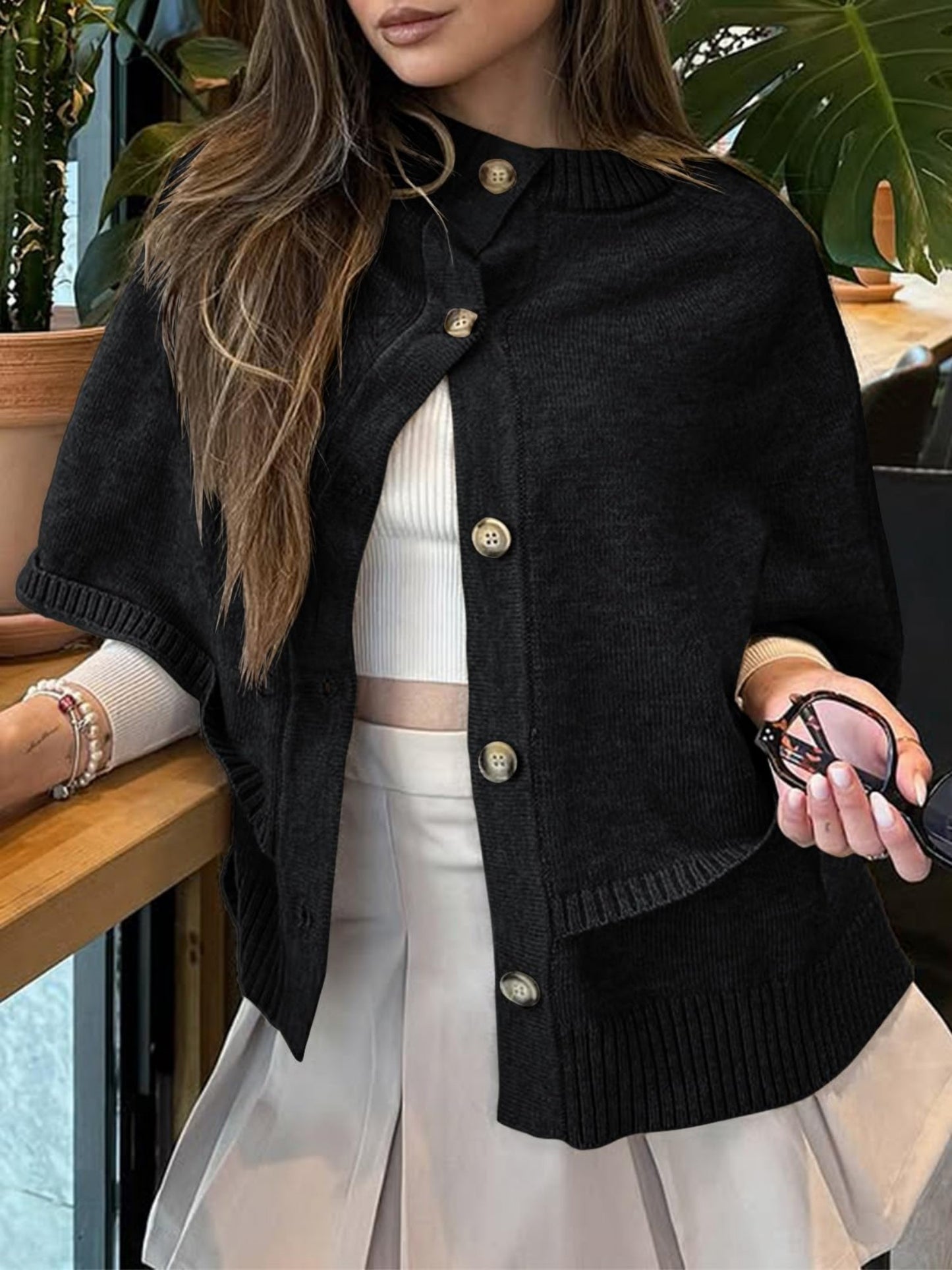 Women's Elegant Soft Pink Oversized Cape Cardigan - Fall Winter Sweater Coat with Button Front Closure, Long Sleeve Crew Neck & H-Line Silhouette, Medium Stretch for Casual to Formal Outfits