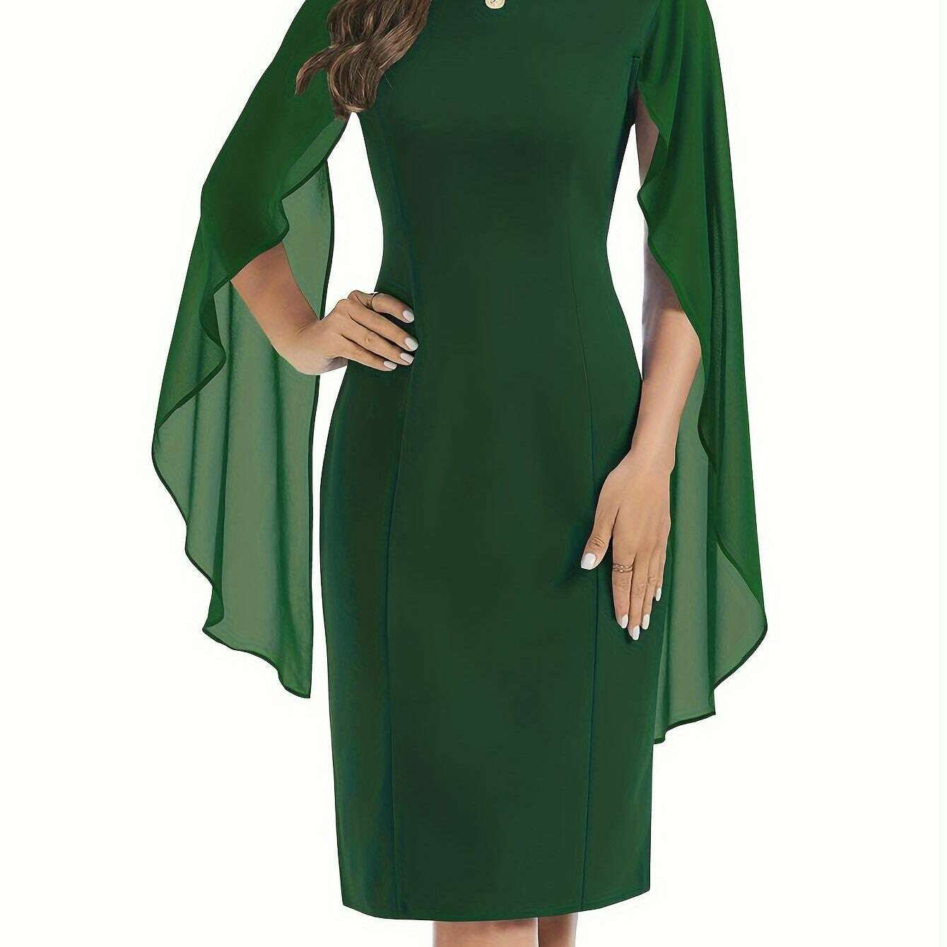 Elegant Midi Bodycon Dress with Cape Sleeves and Slit Hem - D&M Boutique