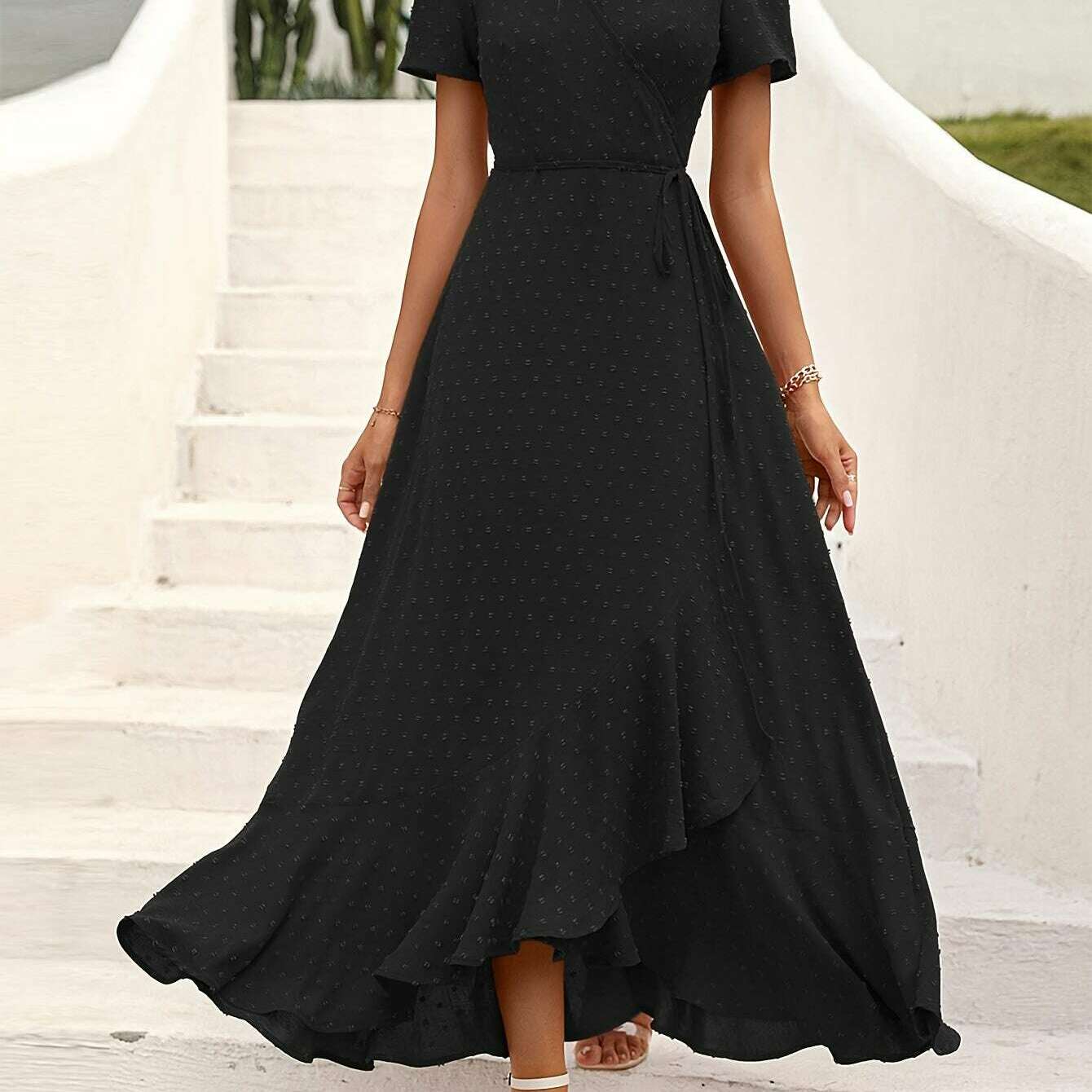 Elegant Women's Swiss Dot Surplice Neck Maxi Dress - D&M Boutique