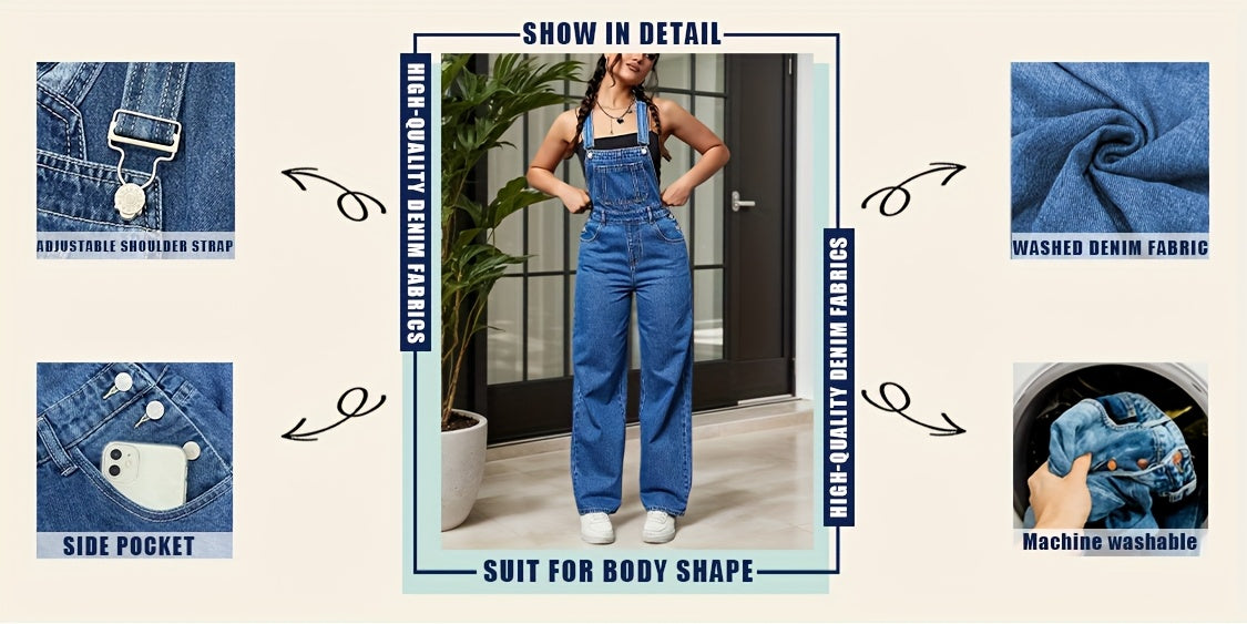 Women's Denim Overalls Jumpsuit - Loose Fit Long Romper with Pocket & Side Pockets, Adjustable Shoulder Straps & Belt Loop Waist, Sleeveless Solid Color Casual Chic Outfit for All Seasons, Versatile Clothing, Secure Button Cl