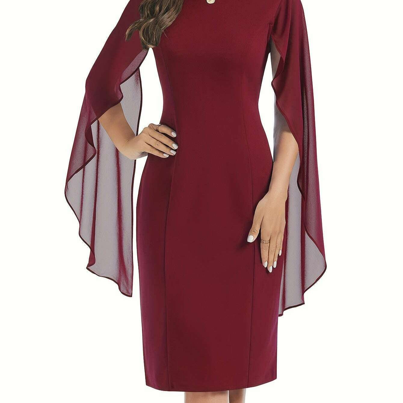Elegant Midi Bodycon Dress with Cape Sleeves and Slit Hem - D&M Boutique