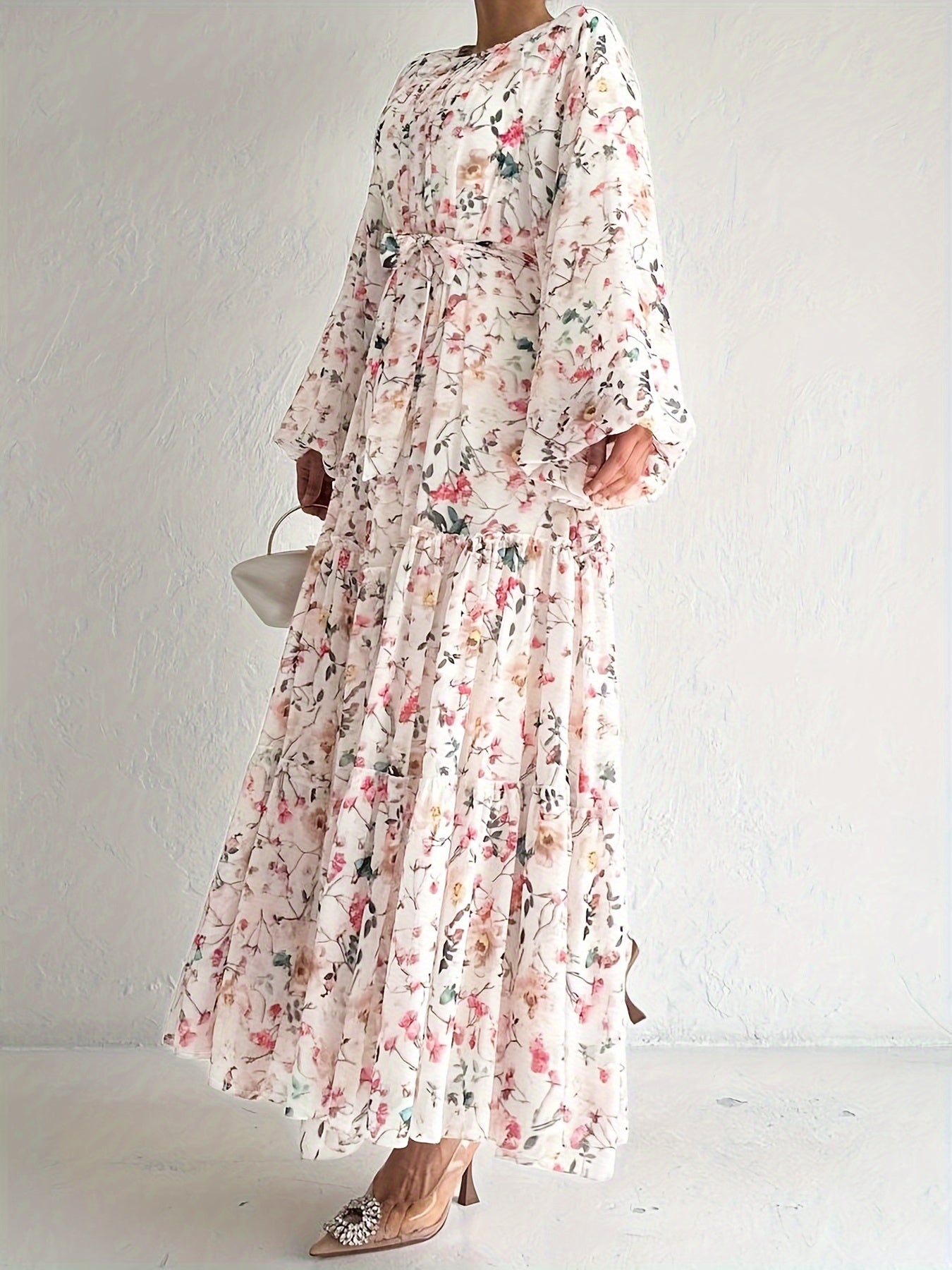 Women’s Floral Maxi Kaftan Dress – Long Sleeve, Crew Neck, Versatile