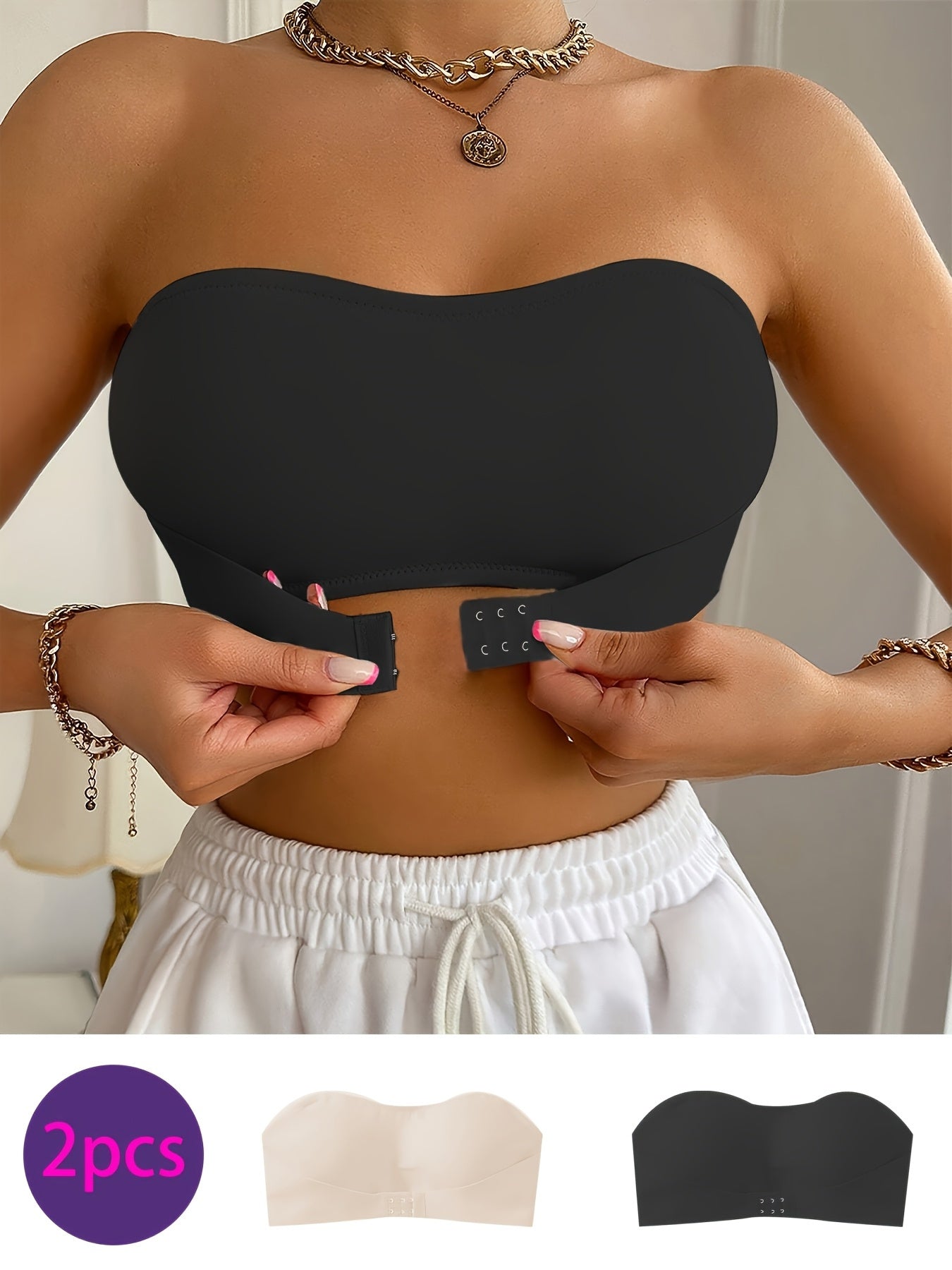 Women'S Seamless Strapless Bra Set- Comfortable Wireless Thickened Design, Black and White Options
