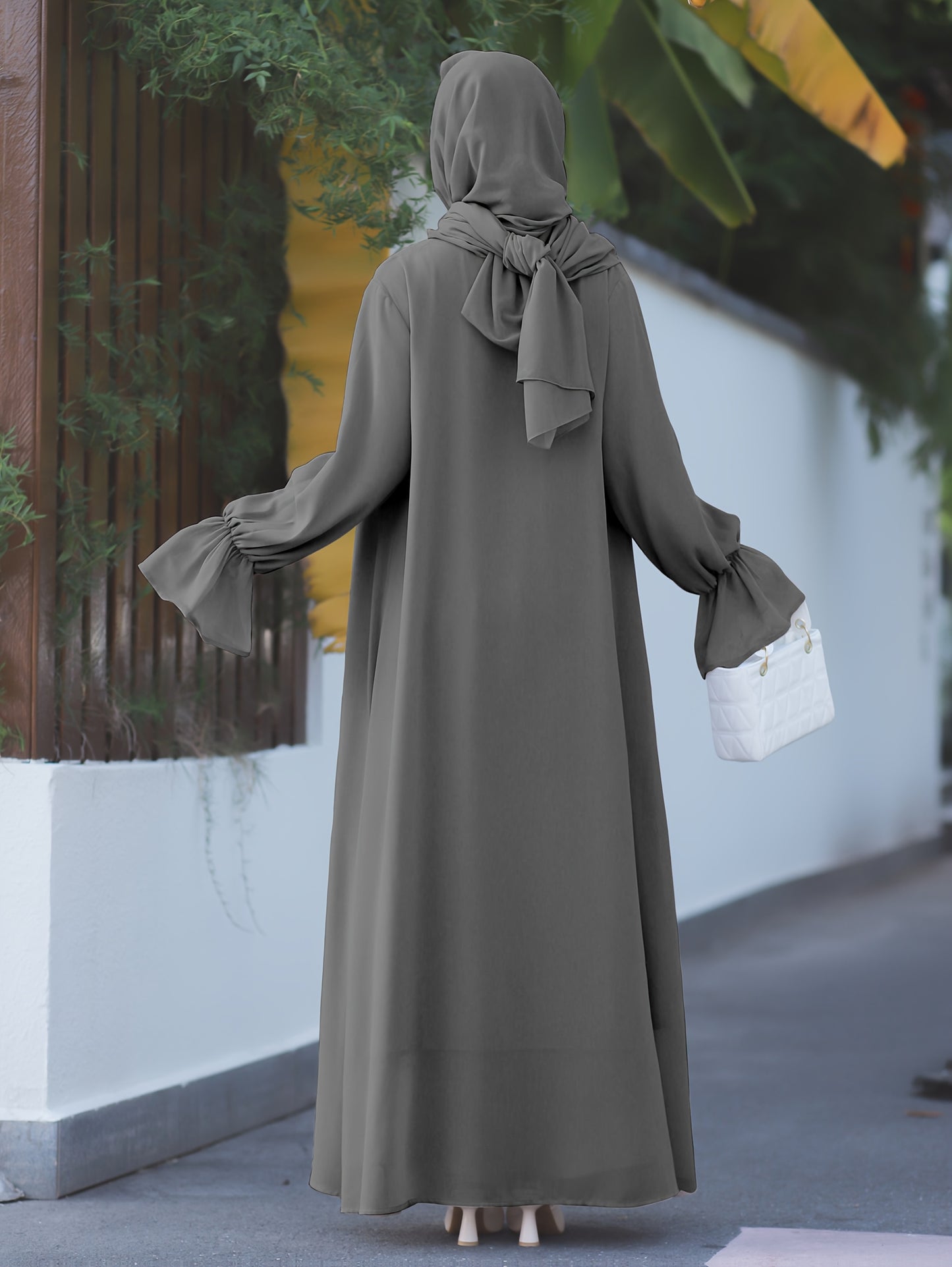 Middle Eastern Muslim Elegant Chiffon Abaya Set with Vest and Belted Outer Wrap