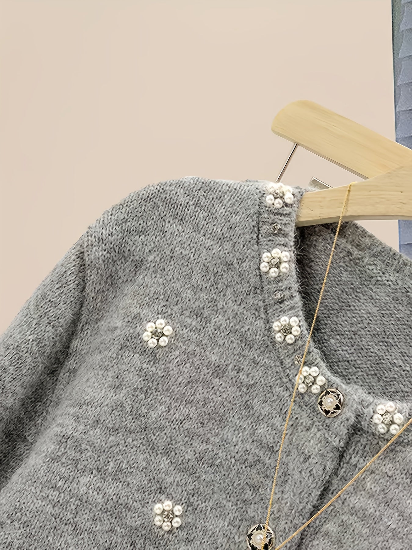 Women's 2025 New Beaded Cardigan Sweater - Soft Round Neck Long Sleeve Button Front Closure with Beaded Collar & Sleeve Trim, Machine Washable Winter Sweater for Fall and Winter, Casual to Semi-Formal Outfits