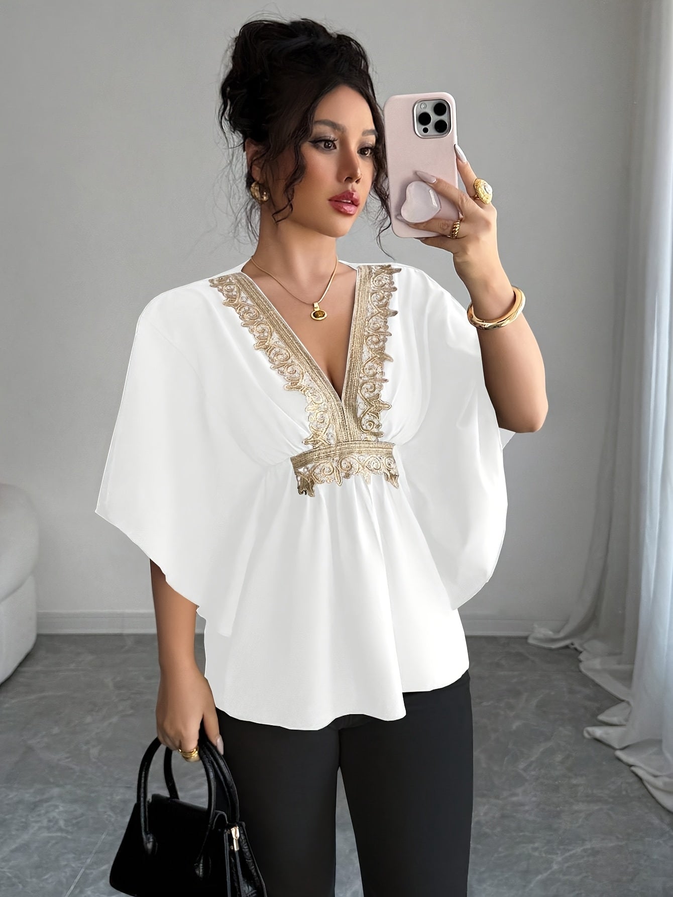 Elegant Women'S Lace Embellished Batwing Sleeve Blouse - V-Neck, Ruffle Trim, Solid Color, Cap Sleeve, Regular Length, Spring/Summer/Fall Fashion Top, Spring Summer Fashion | Vneck Blouse | Ruffle Detailing, Ladies Blouses