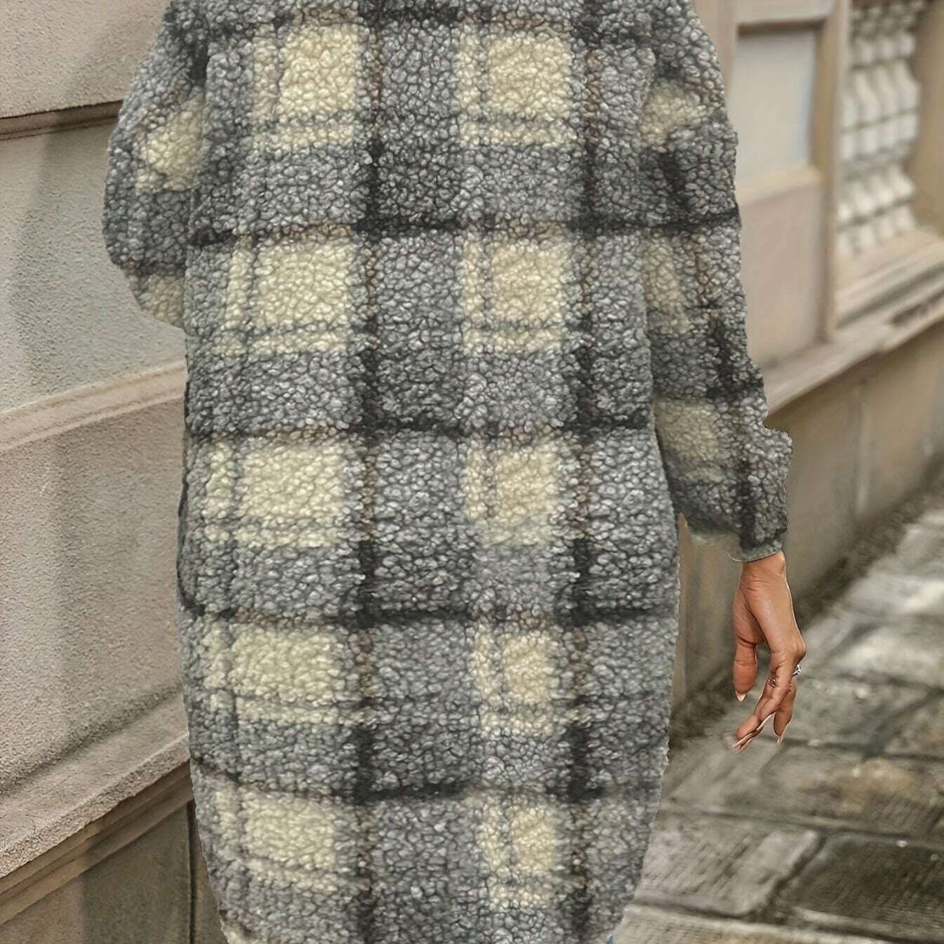 Elegant Plaid Faux Fur Coat for Women with Lapel Collar