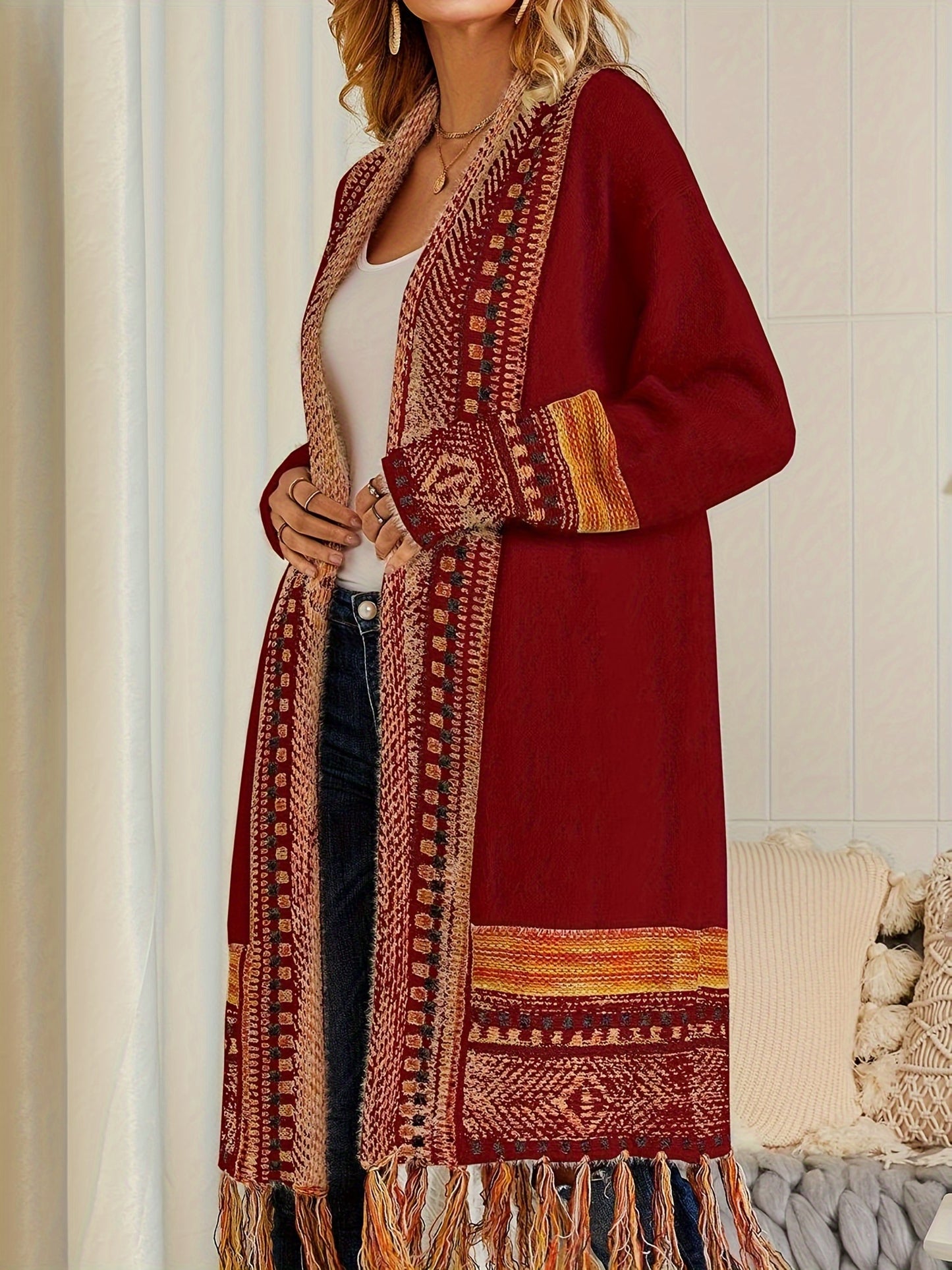 Women Boho Cardigan Sweater Long Open Front Maxi Knit Sweaters Aztec Tribal Tassel Fringe Thin Coat