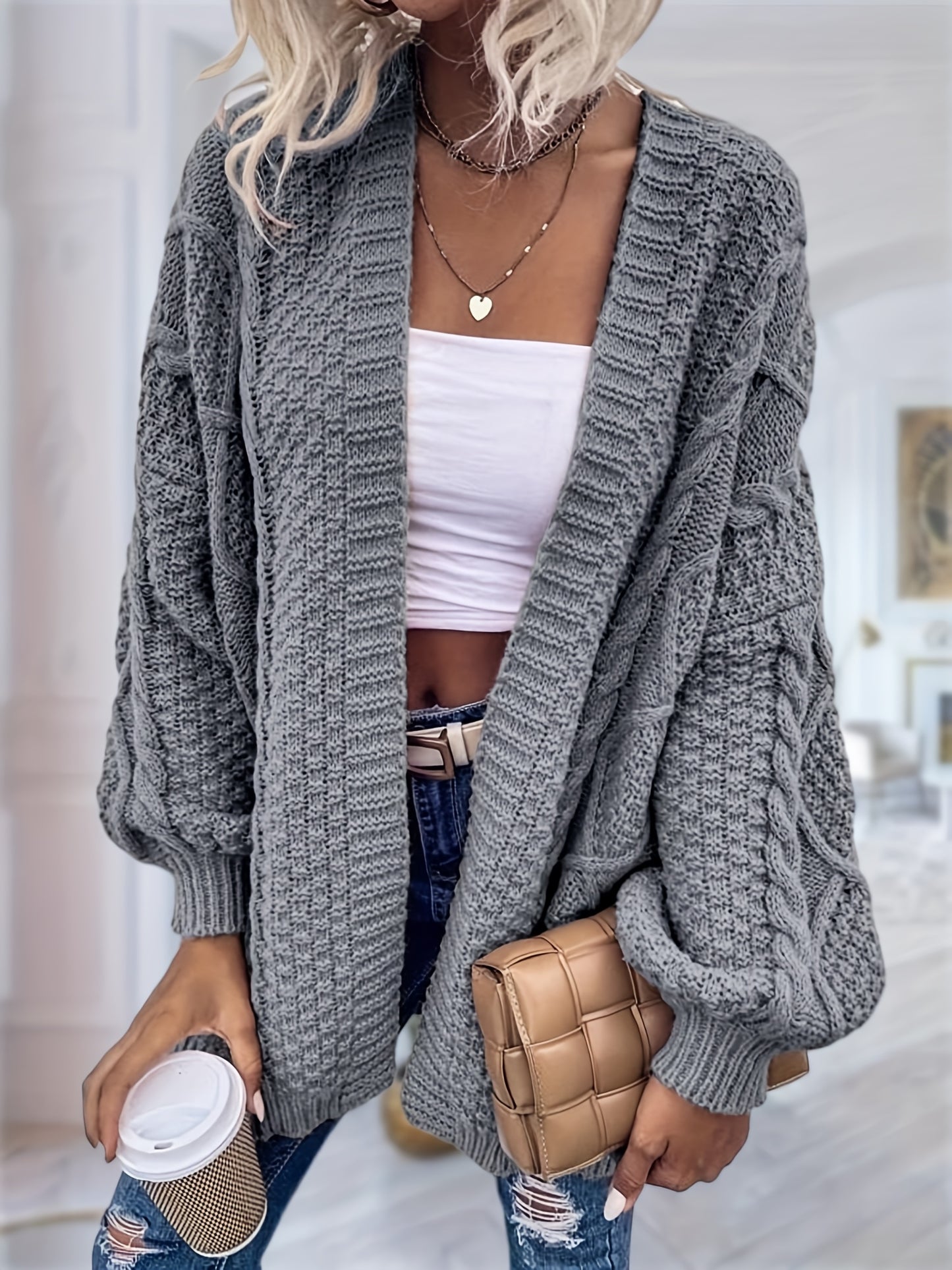 Women's Oversized Chunky Cable Cardigan Sweater Coat - Soft Pink Open Front Long Sleeve Winter Coat with Button-Free Closure, Cozy Fall & Winter Sweater for Casual Semi-Formal Outfits