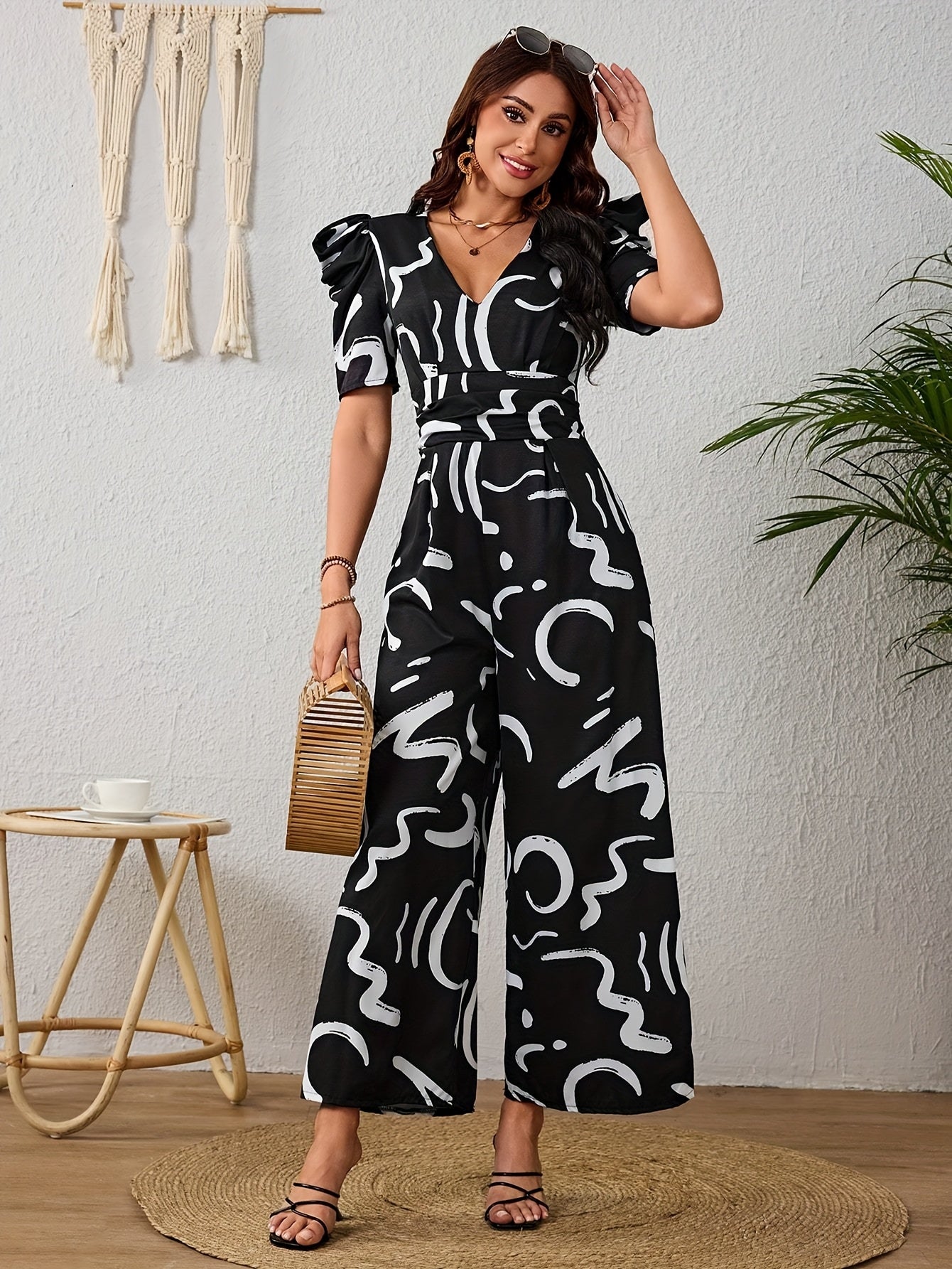 Women's Elegant V-Neck Geometric Print Jumpsuit - Wide-Leg Short Sleeve Machine Washable Non-Stretch Fabric, Spring Summer Fall Casual & Occasion Wear, Clothes for Ladies, Versatile Clothing, Stylish Outfit, Comfortable Fabri