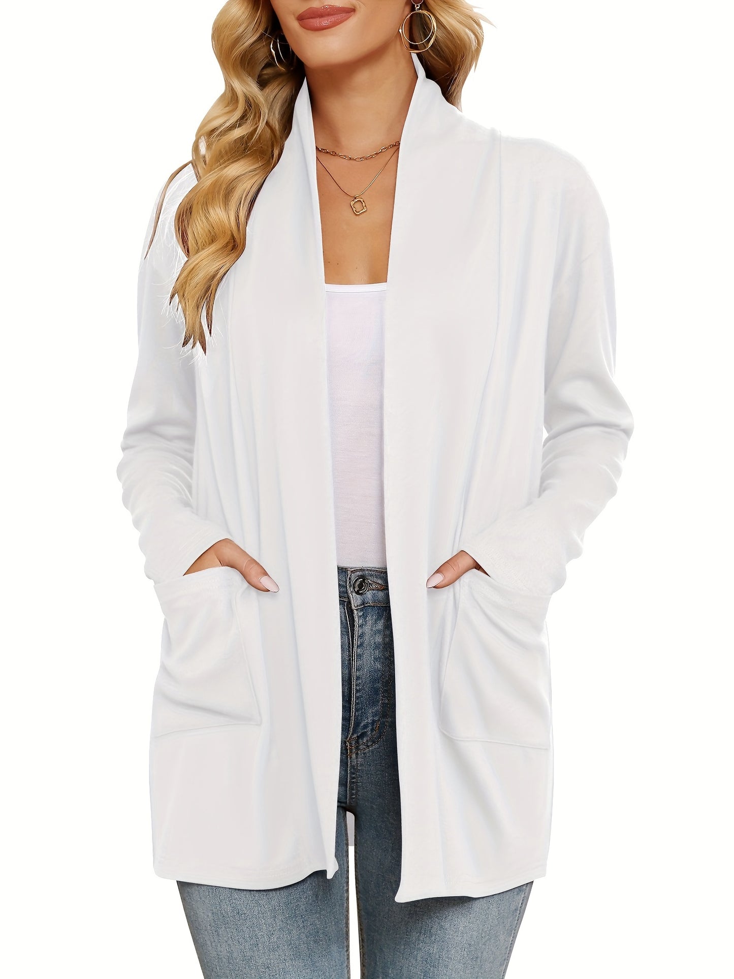 Spring & Autumn Women's Casual Solid Color Cardigan – Open Placket with Double Pocket Design