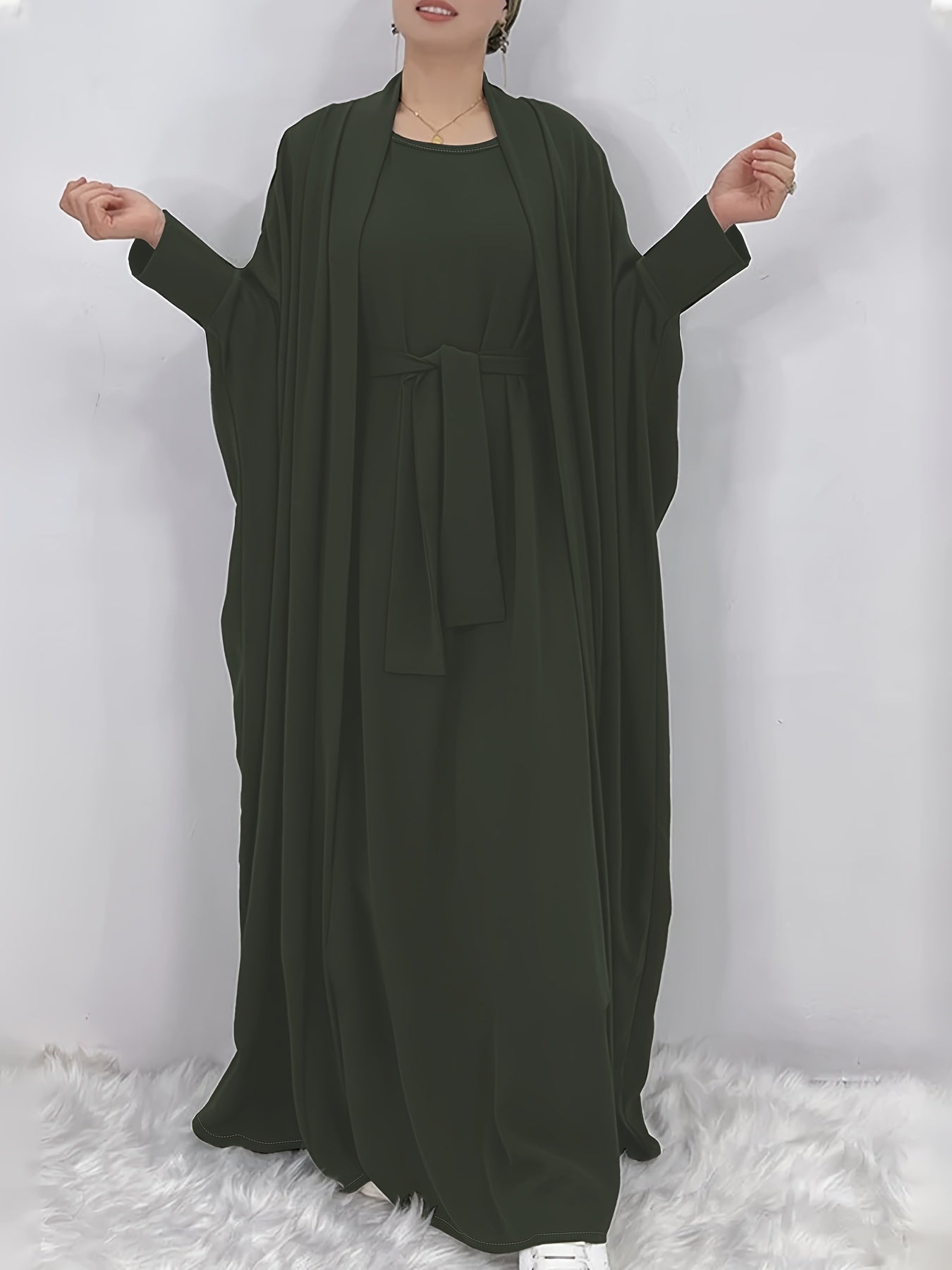 Women's Middle Eastern Muslim Solid Color Dress + Robe Jacket Two Piece Set
