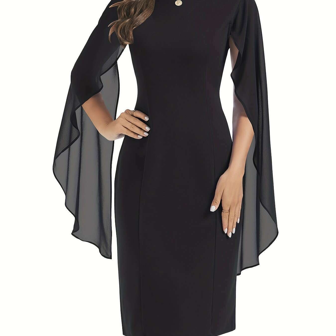Elegant Midi Bodycon Dress with Cape Sleeves and Slit Hem - D&M Boutique