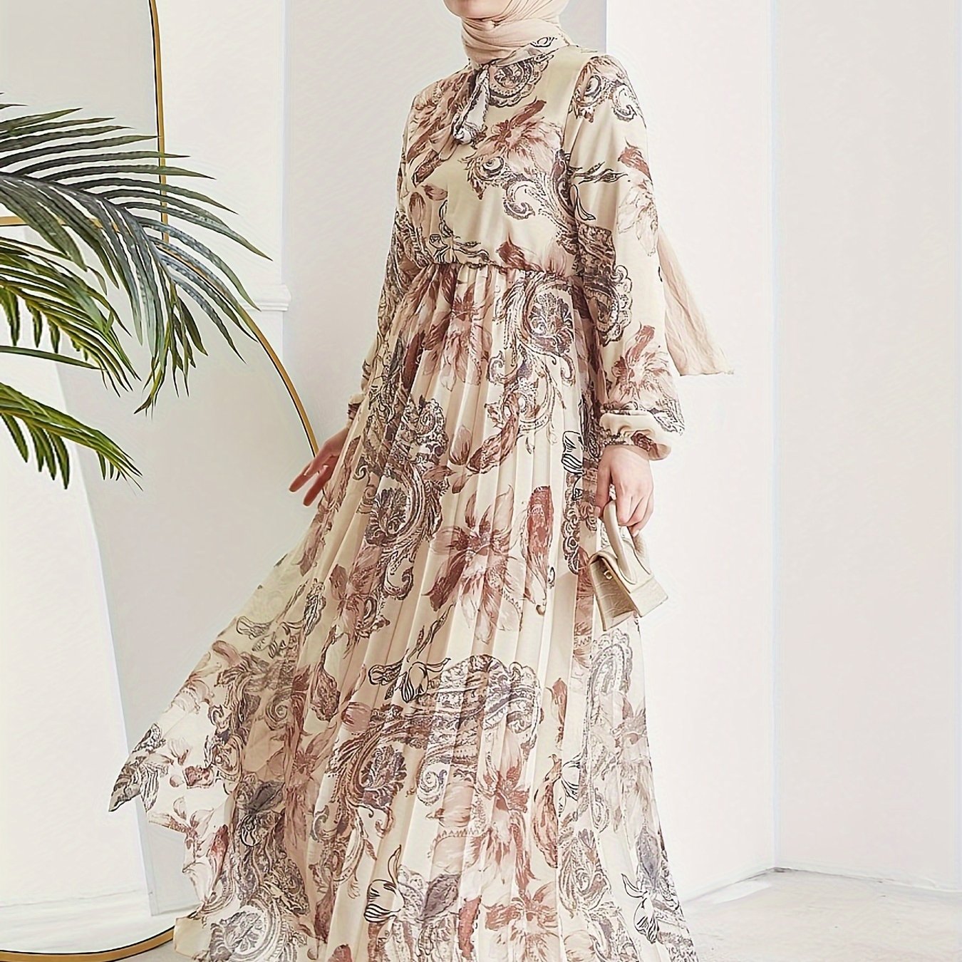 Stunning Floral Print Maxi Kaftan Dress - Modest Long Sleeve, Pleated, Flowy, Polyester, Machine Washable, Random Printing, Middle Eastern Style - Perfect for All Seasons