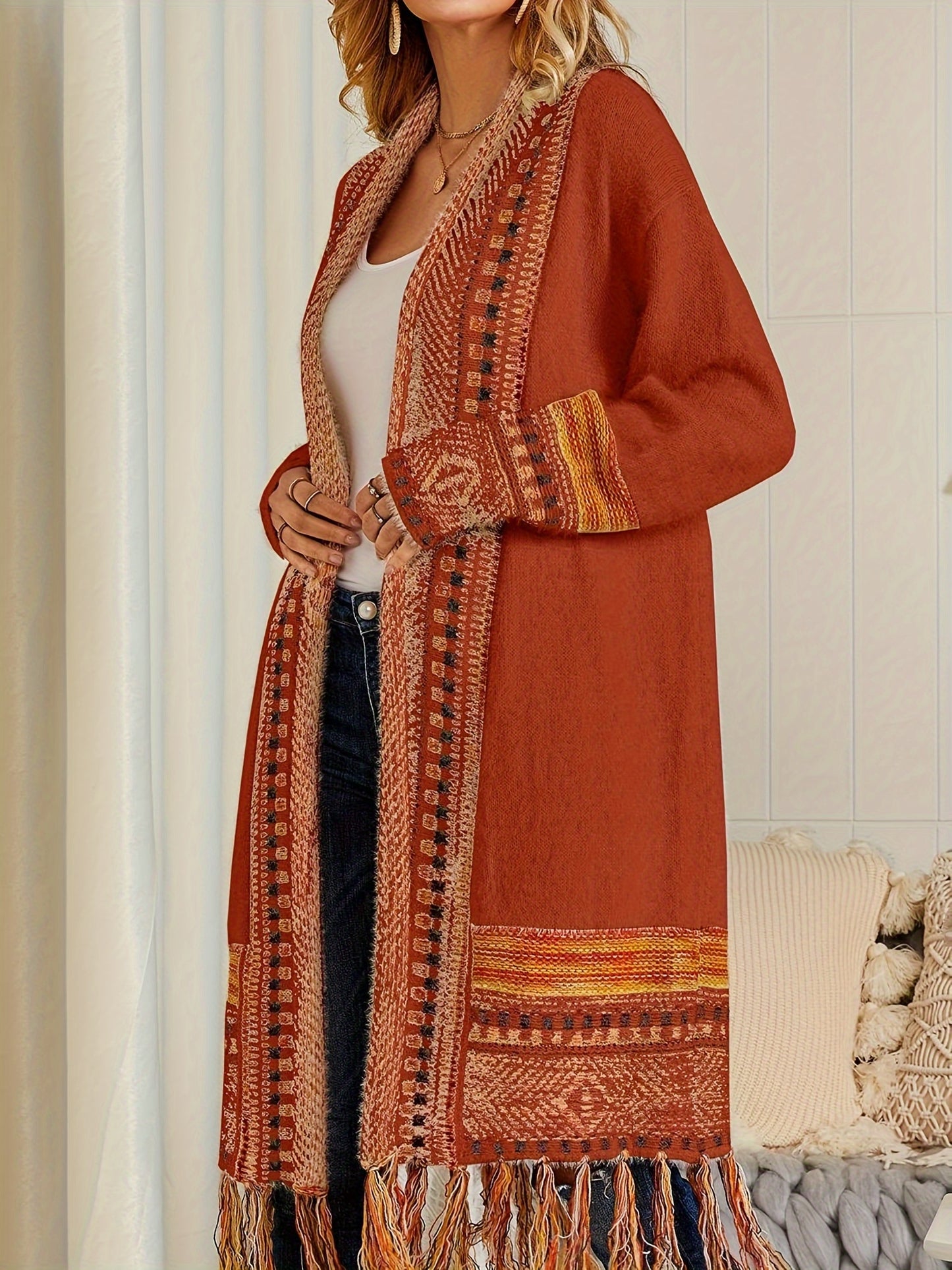 Women Boho Cardigan Sweater Long Open Front Maxi Knit Sweaters Aztec Tribal Tassel Fringe Thin Coat