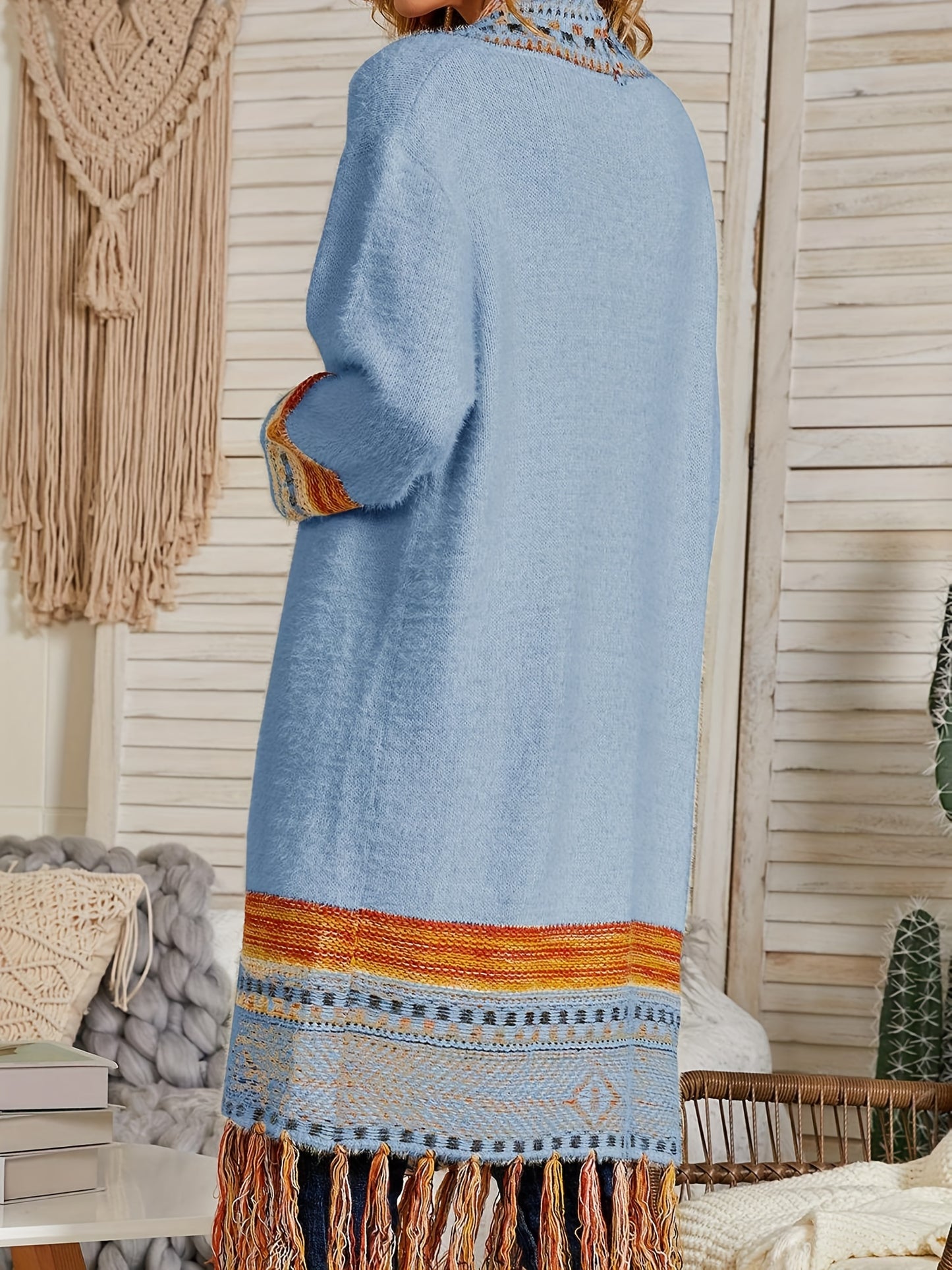 Women Boho Cardigan Sweater Long Open Front Maxi Knit Sweaters Aztec Tribal Tassel Fringe Thin Coat