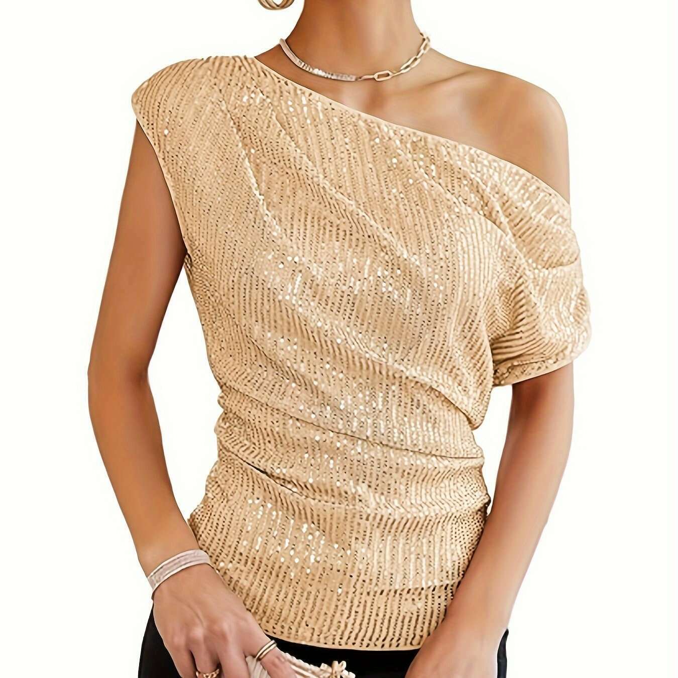 Vibrant Sequin Cold Shoulder Short Sleeve Women's Top - D&M Boutique