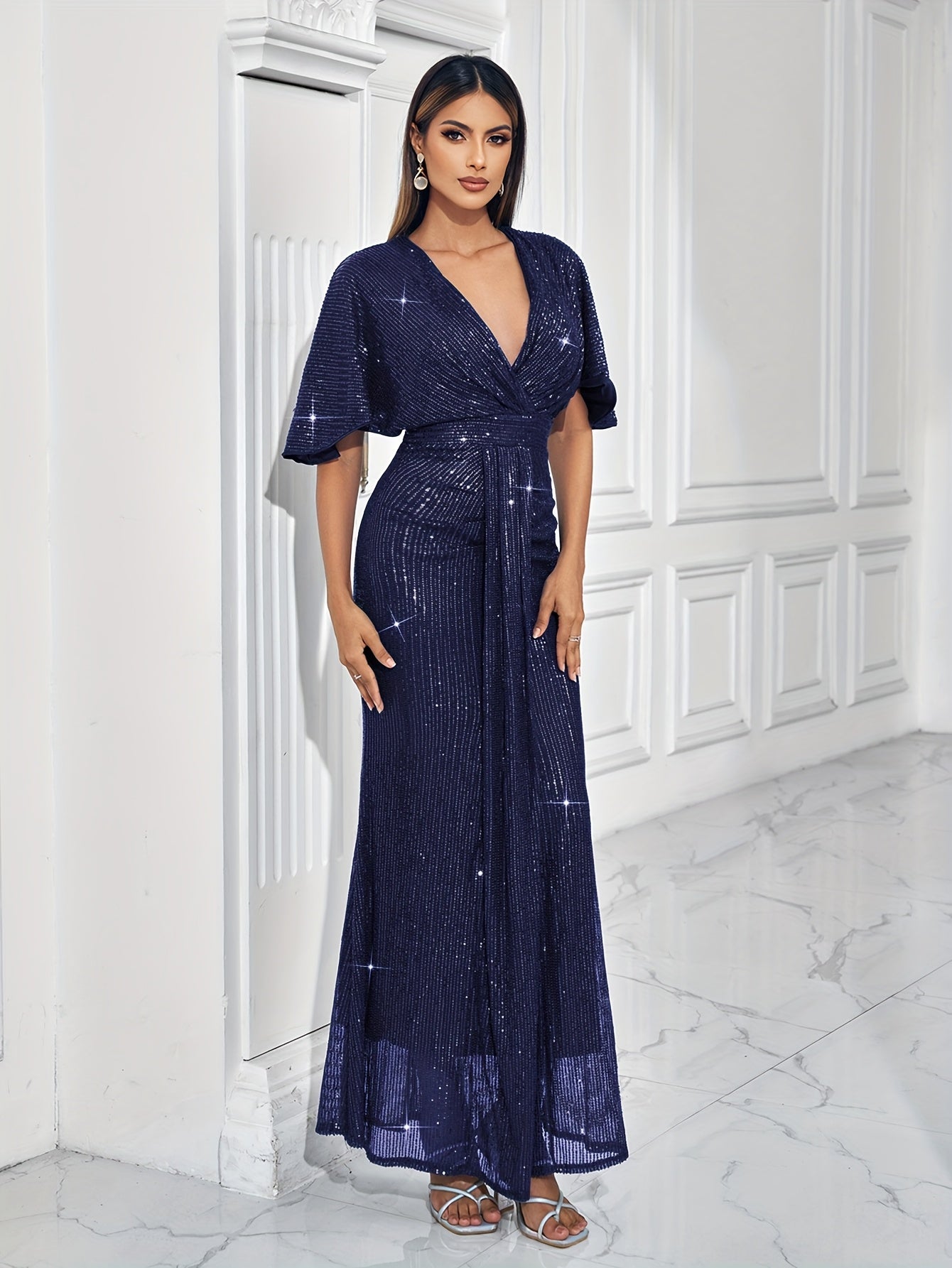 Sparkling V-neck Waist Cinched Dress