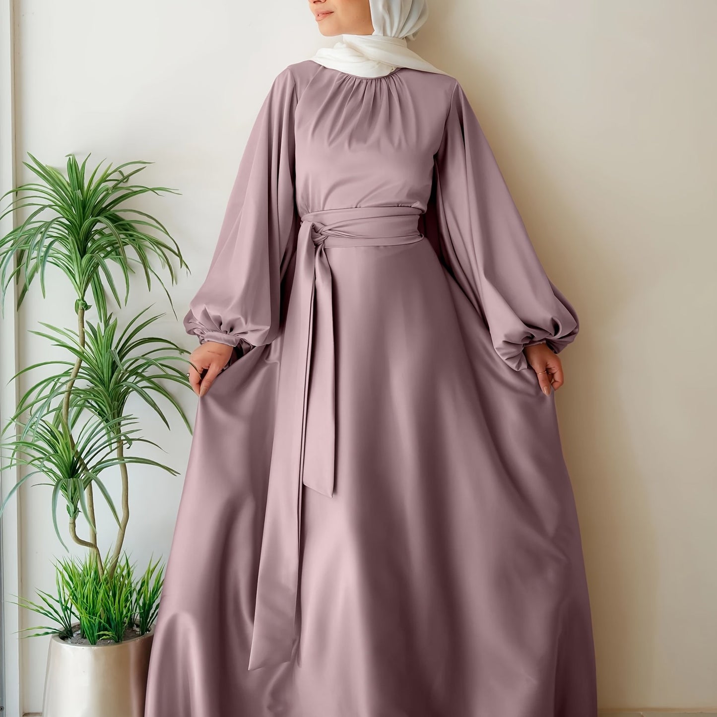 Elegant Satin Abaya with Lantern Sleeves and Belt - Long, Flowing Maxi Dress for Women, Perfect for Festivals and Special Occasions, Festival Attire|Sleek Fitted Design|Polyester Fabric