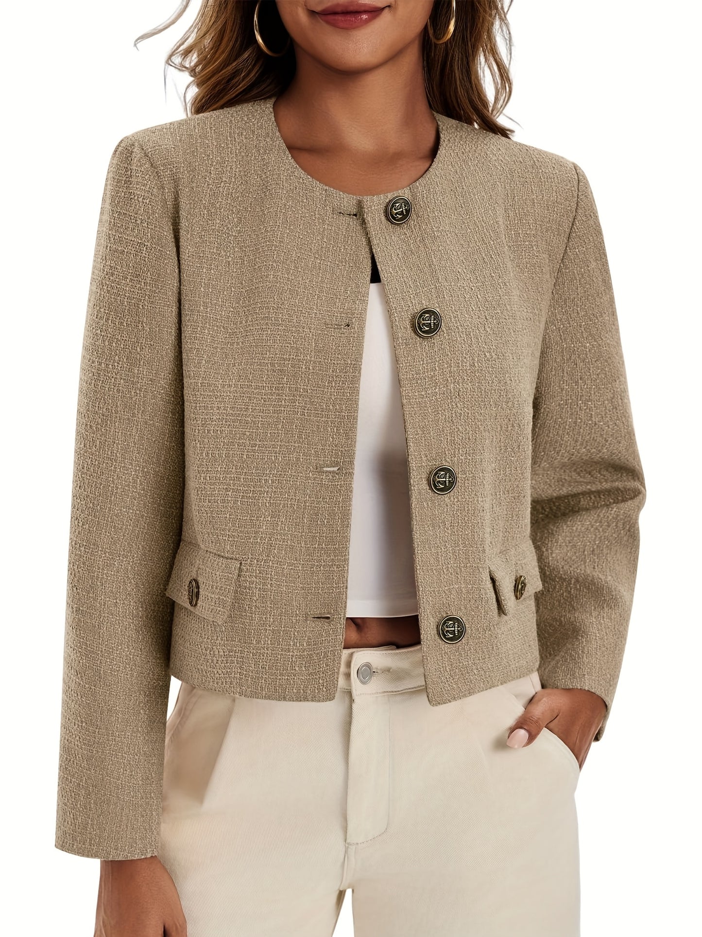 Women's Cropped Tweed Blazer - Collarless Button- Bomber Jacket, Machine Washable Business Casual Coat for Spring Summer Fall, Versatile Office to Weekend Wear