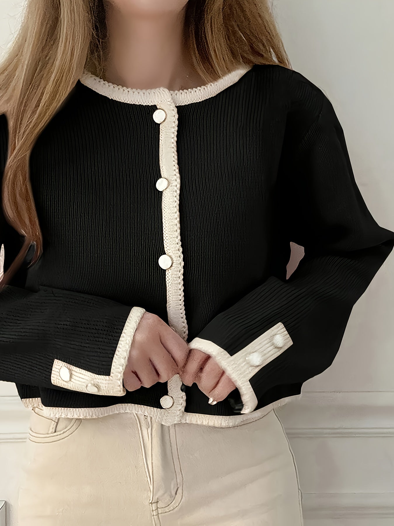 Women'S Elegant Cardigan - Black & Beige Two-Tone Sweater, Long Sleeve Open Front Button Closure, Fall/Winter Layering Piece for Casual Formal Outfits - Women'S Chic Sweater, Cardigan Sweater, Winter Fashion, Stylish Knitwear