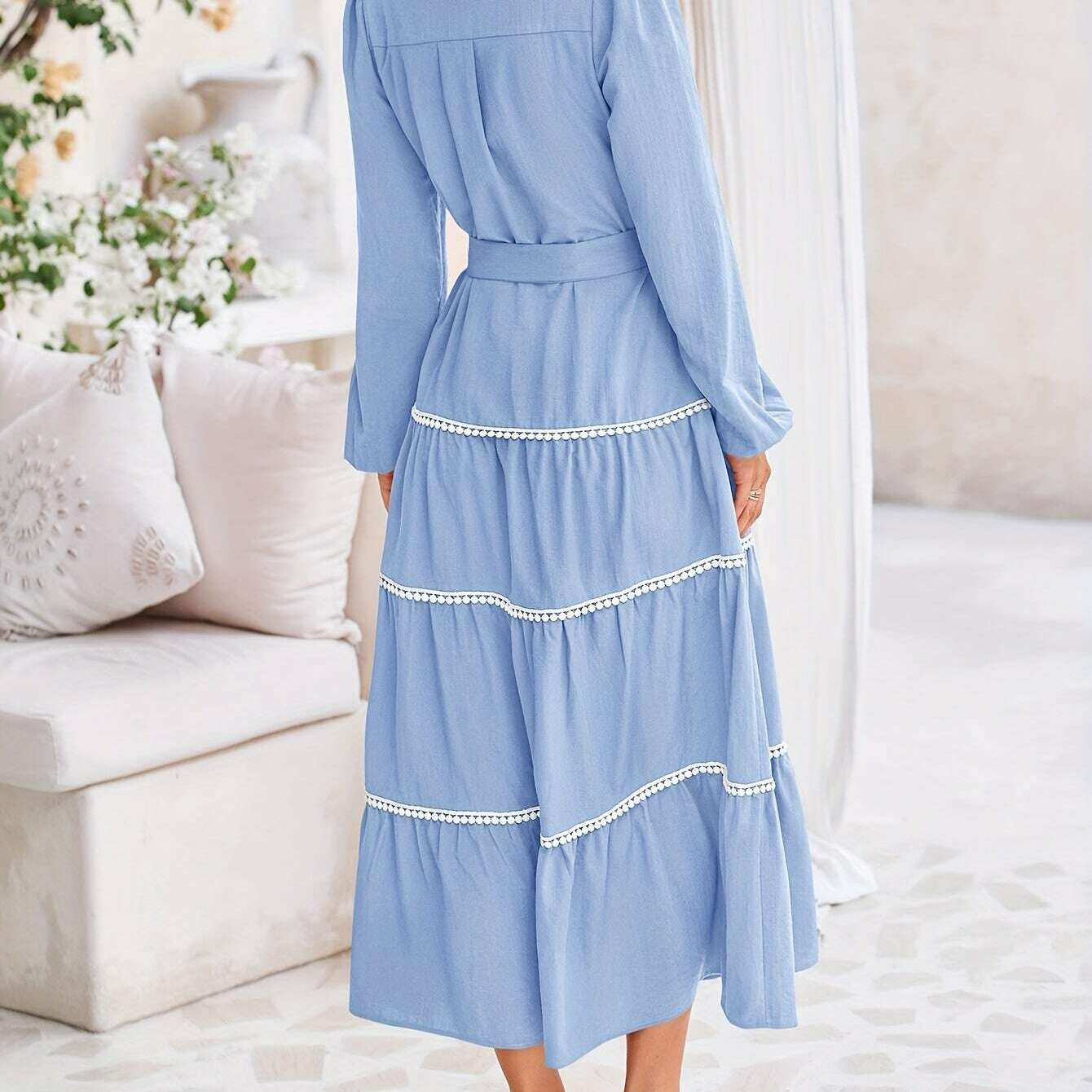 Women'S Spring Casual Dress Loose Drawstring Lantern Sleeve Long Sleeve Tier Dress With Pockets