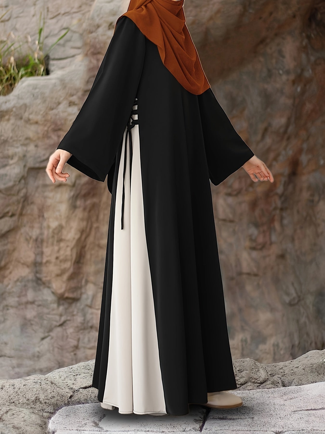 1pc Muslim Abaya Dress Long Sleeve Loose Fit A-Line with Black & White Color-Blocking & Orange Accents - Middle Eastern Elegance Adjustable Side Drawstring for Prayer, Casual, All-Season Wear (No Headscarf Included), Muslim D