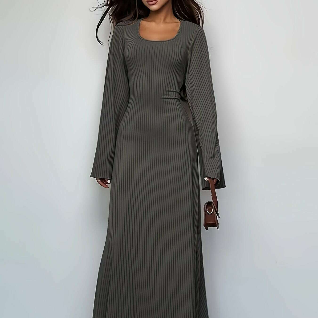 Solid Color Women'S Ribbed Knit Dress with Long Bell Sleeves, Round Neck, And Back Tie.