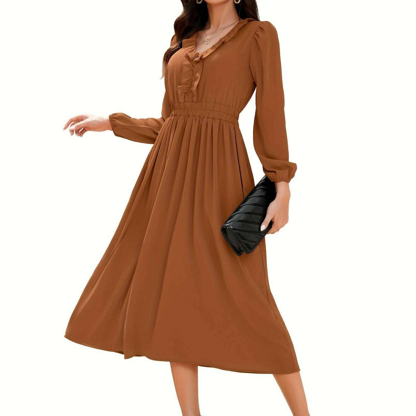 Long Sleeve Elegant Party Dress with Pleats & Ruffles - D&M Boutique