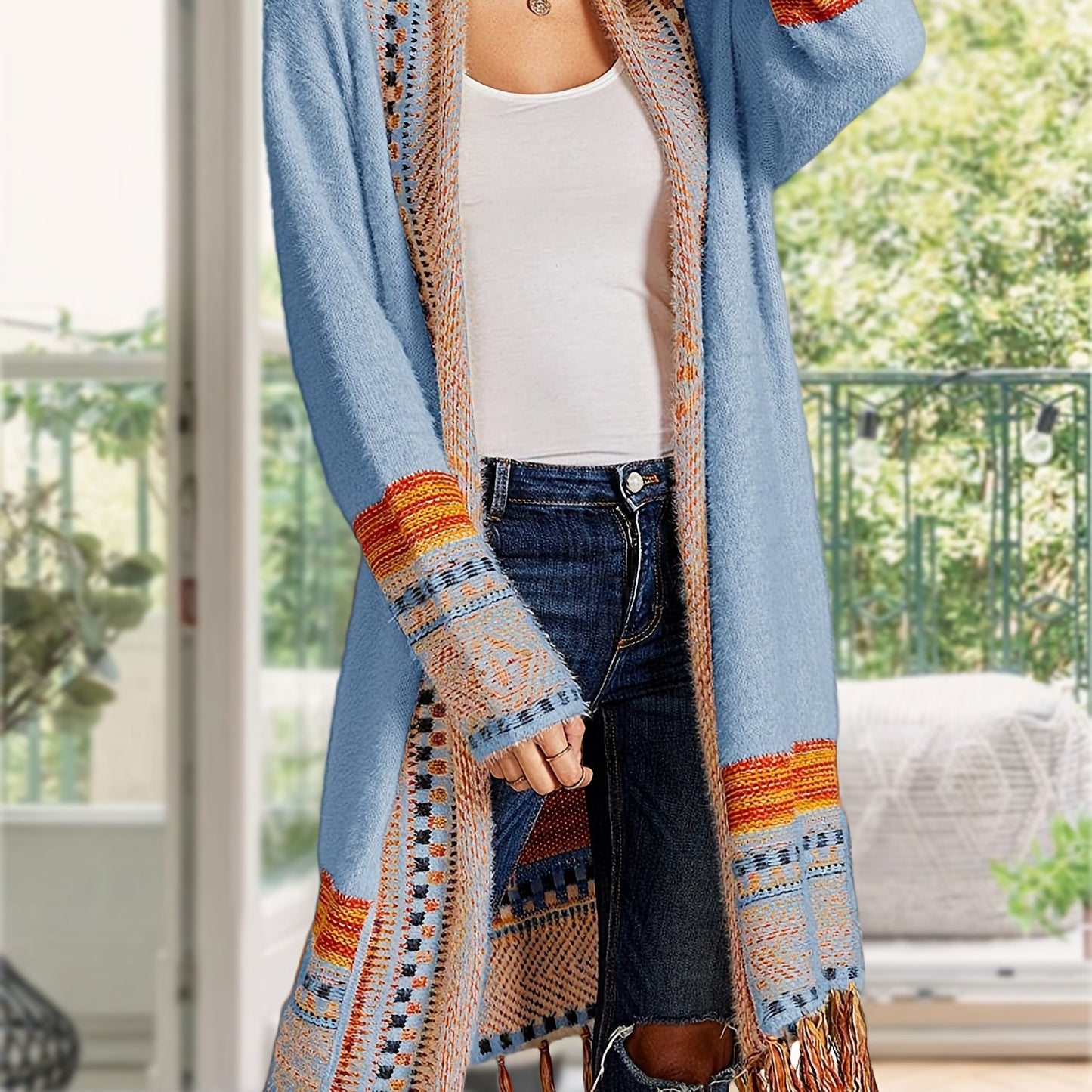 Women Boho Cardigan Sweater Long Open Front Maxi Knit Sweaters Aztec Tribal Tassel Fringe Thin Coat