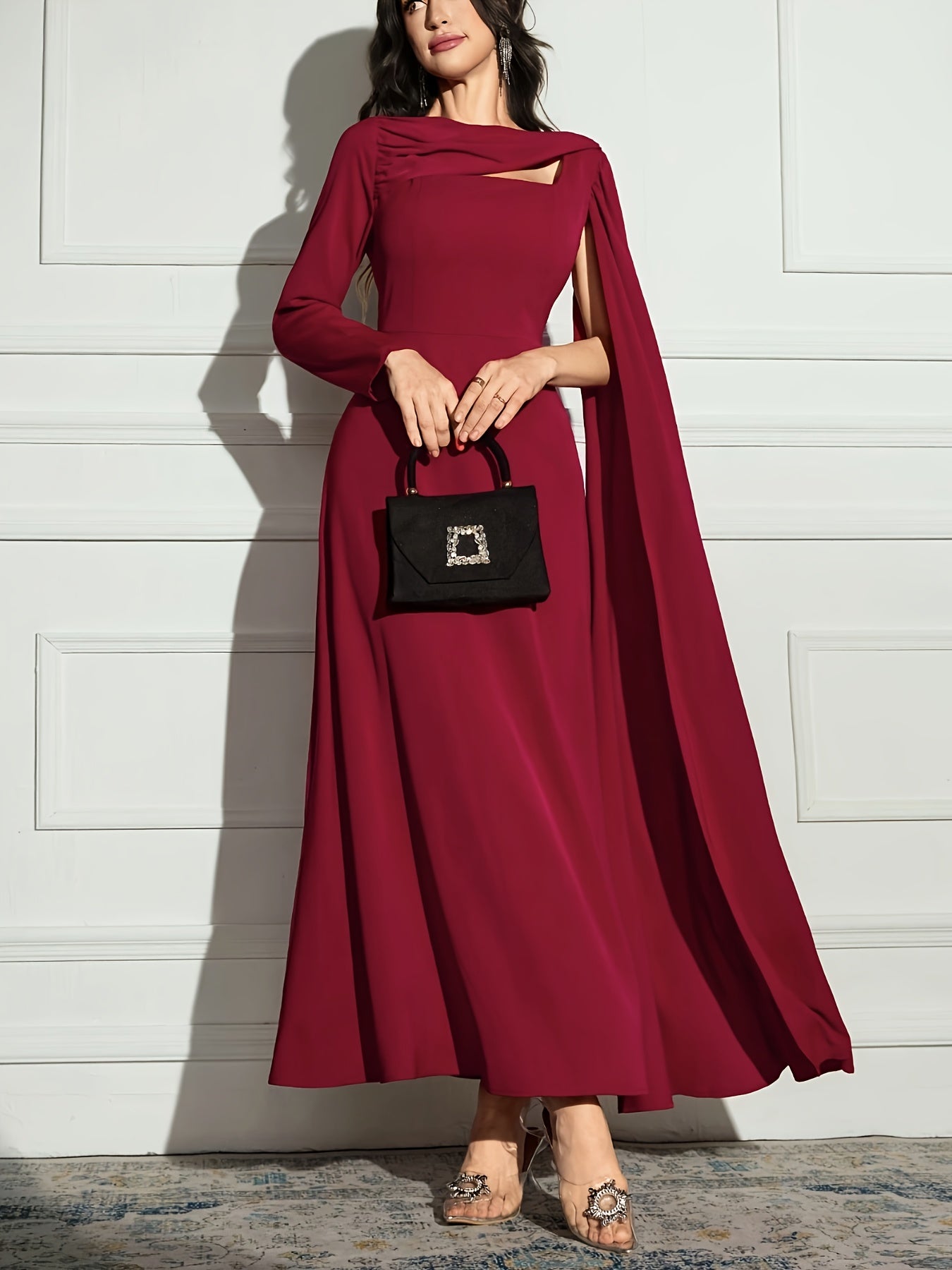 Elegant Maroon A-Line Midi Dress with Keyhole Detail - Long Sleeve, Round Neck, Flowing Silhouette, Perfect for Weddings & Formal Events, A Dress for Women